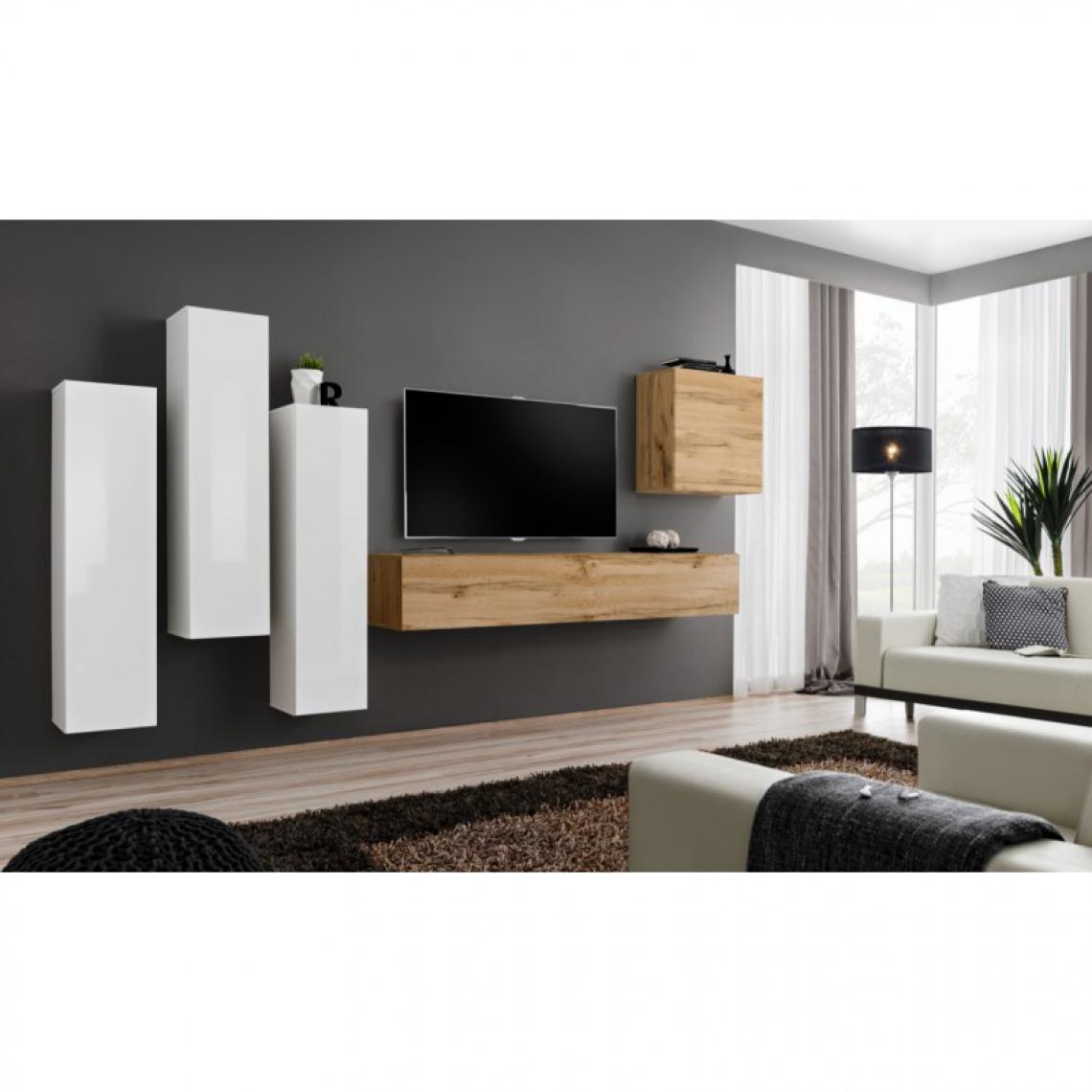 Ac-Deco - Meuble TV Mural Design Switch III 330cm Blanc & Naturel - Meubles TV, Hi-Fi
