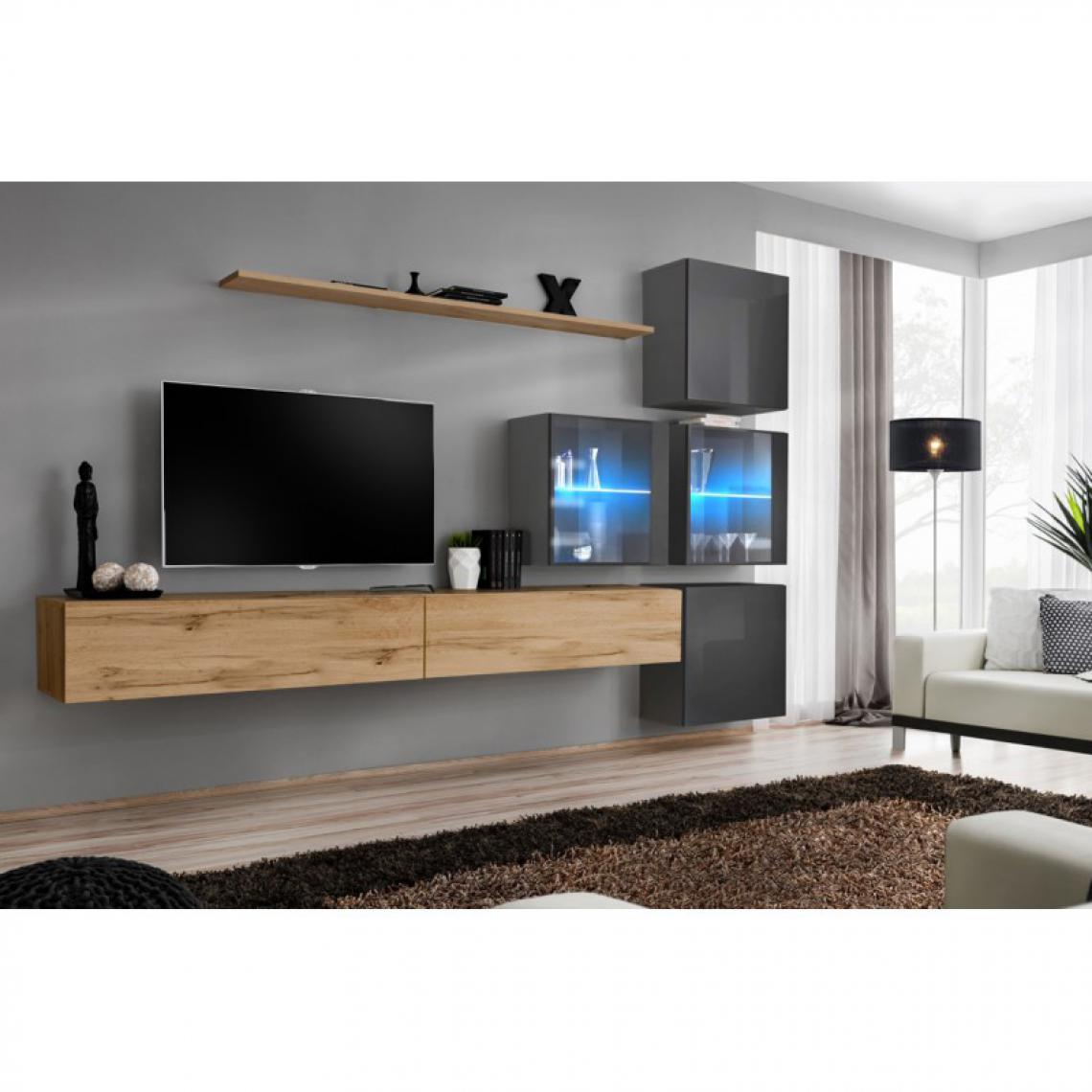 Ac-Deco - Meuble TV Mural Design Switch XIX 310cm Naturel & Gris - Meubles TV, Hi-Fi