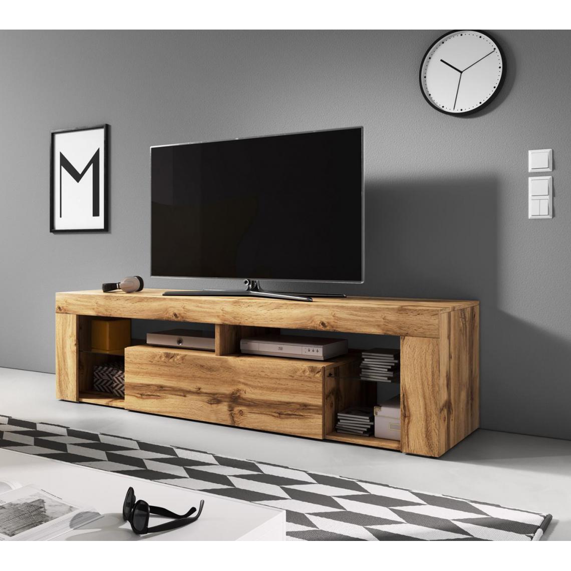 Pegane - Meuble TV coloris chêne wotan - Hauteur 50 x Longueur 140 x Profondeur 35 cm - Meubles TV, Hi-Fi
