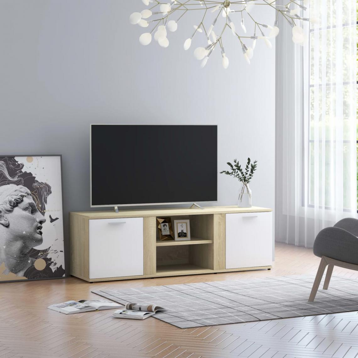 Chunhelife - Meuble TV Blanc et chêne sonoma 120x34x37 cm Aggloméré - Meubles TV, Hi-Fi
