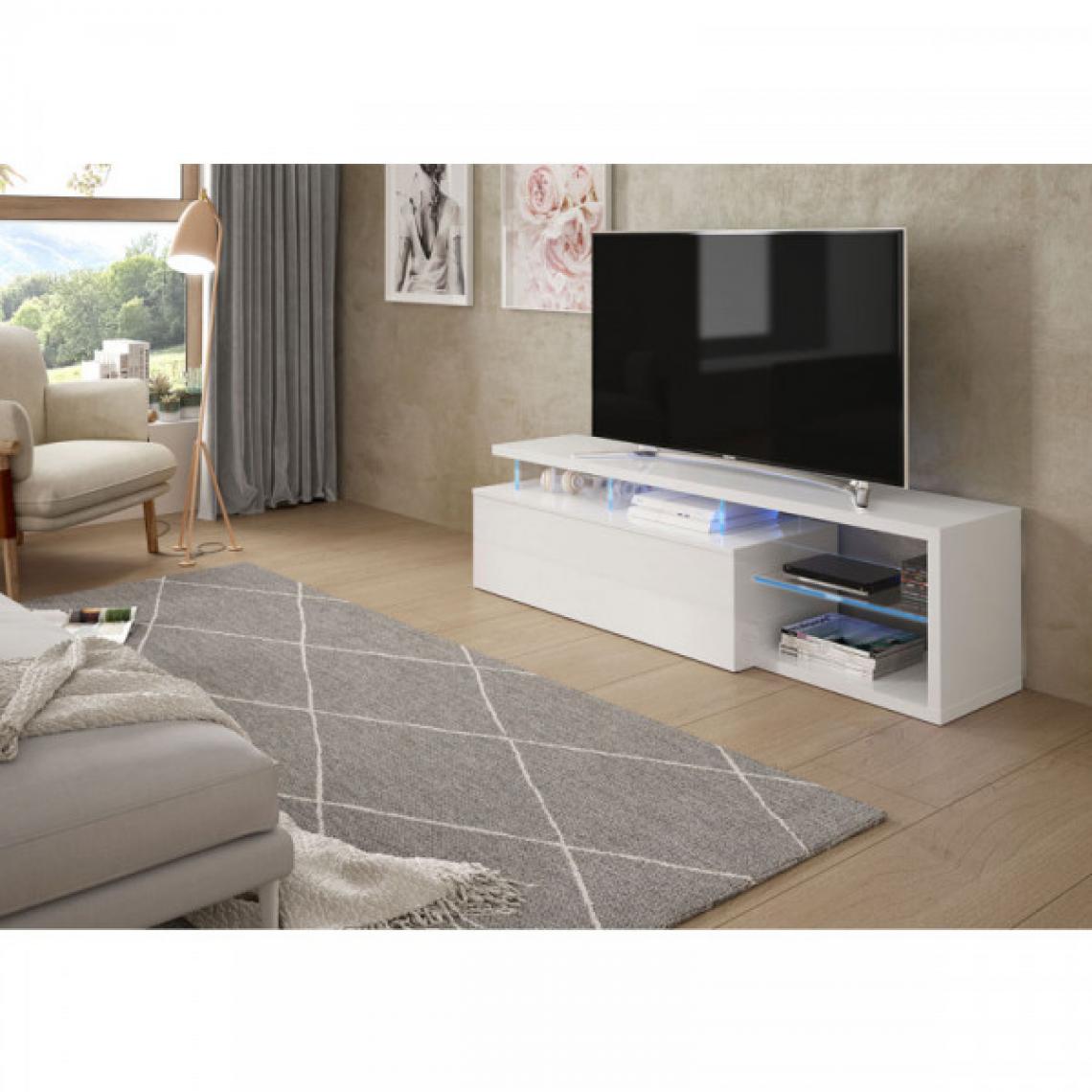 Dansmamaison - Meuble TV 1 porte à LEDs Blanc - WANGA - L 150 x l 41 x H 43 cm - Meubles TV, Hi-Fi