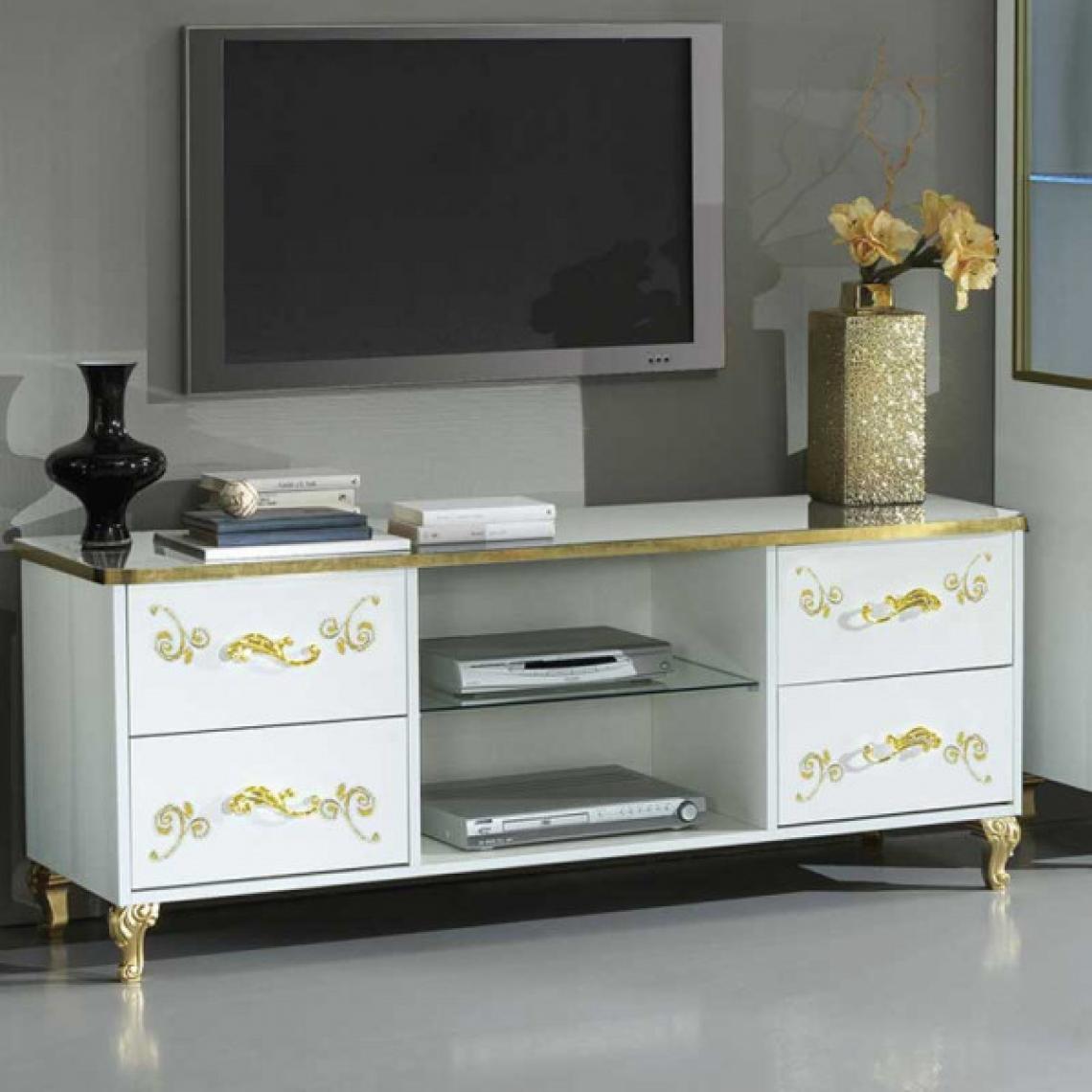 Dansmamaison - Meuble TV 4 tiroirs Laque Blanc Brillant / Or - SEBORGA - L 160 x l 48 x H 61 cm - Meubles TV, Hi-Fi