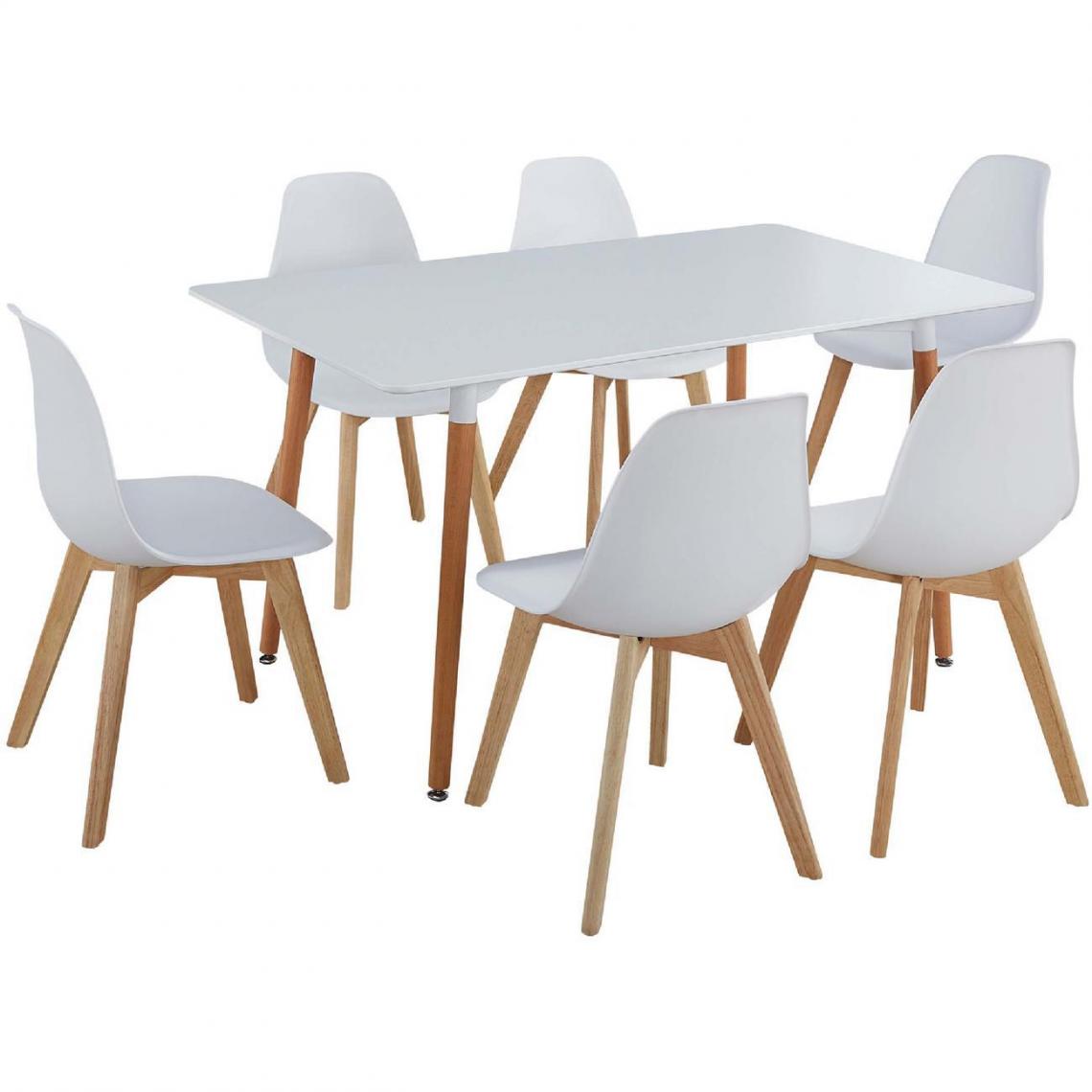 ATHM DESIGN - Ensemble table et 6 chaises Scandinave MARIO Blanc - plateau Bois 140 x 80 assise ABS pieds Bois - Tables à manger