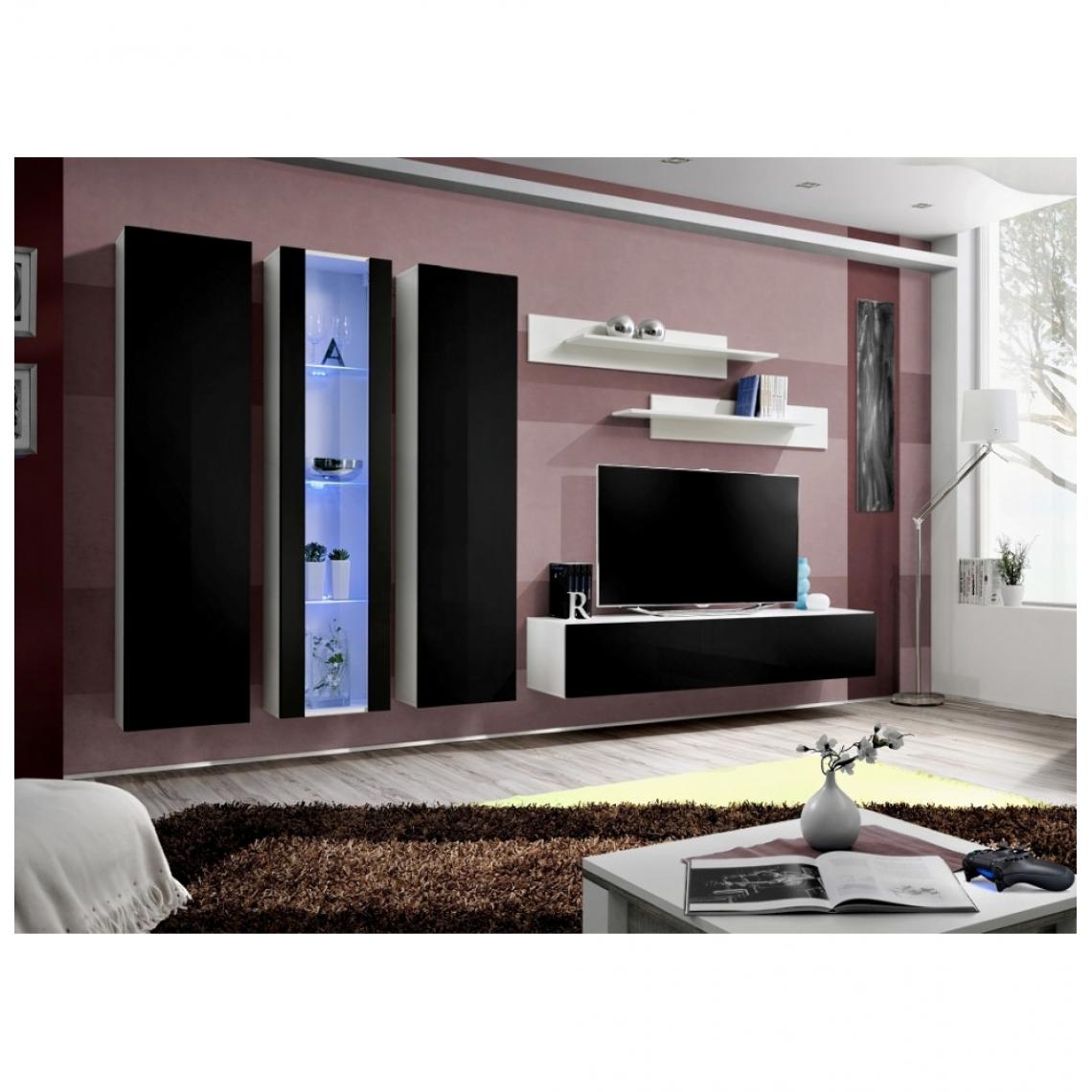 Ac-Deco - Ensemble meuble TV mural - Fly V- 310 cm x 190 cm x 40 cm - Blanc et noir - Meubles TV, Hi-Fi