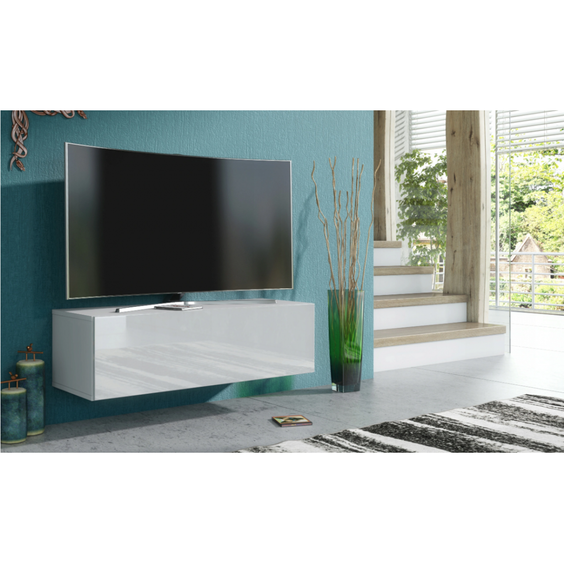 3xeliving - 3xEliving Meuble TV avec rangement Demi 2 15 100 cm Blanc / Blanc Brillant, Largeur: 160cm, Profondeur: 35cm, Hauteur: 48 cm. - Meubles TV, Hi-Fi