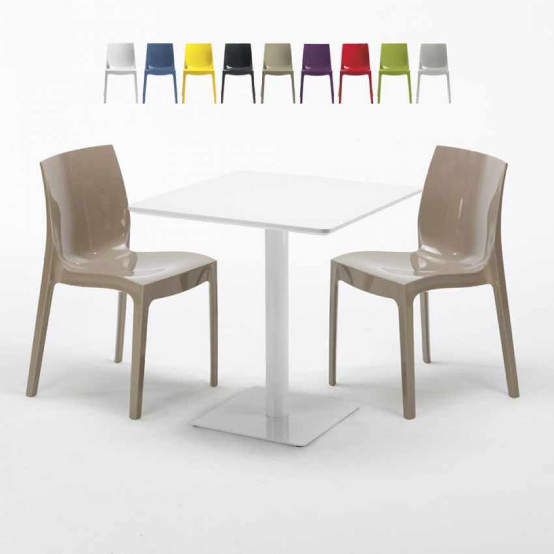 Grand Soleil - Table carrée 70x70 blanche avec 2 chaises colorées Ice Meringue, Couleur: Beige - Tables à manger
