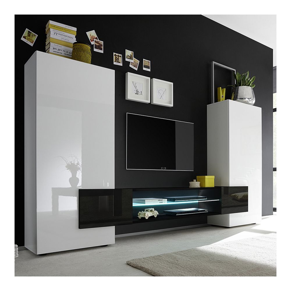 Kasalinea - Ensemble meubles TV blanc et noir laqué brillant EROS 3 avec éclairage - Meubles TV, Hi-Fi
