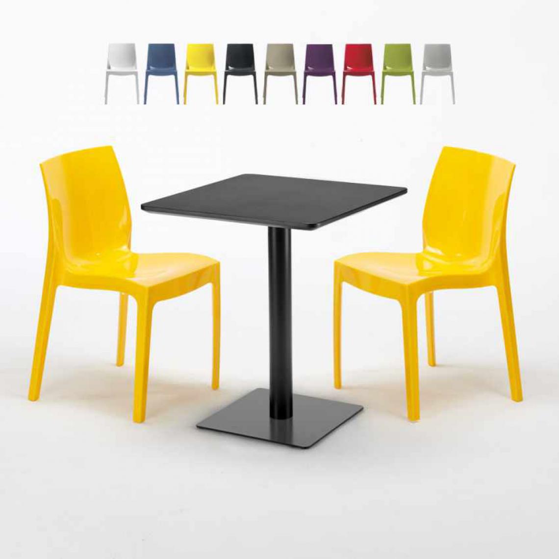 Grand Soleil - Table carrée 60x60 noire avec 2 chaises colorées Ice Licorice, Couleur: Jaune - Tables à manger