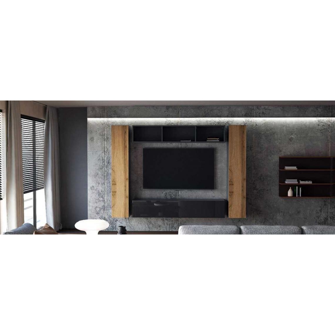 Mpc - Ensemble de 4 meubles suspendus noir mat / chêne wotan + noir laqué - Meubles TV, Hi-Fi