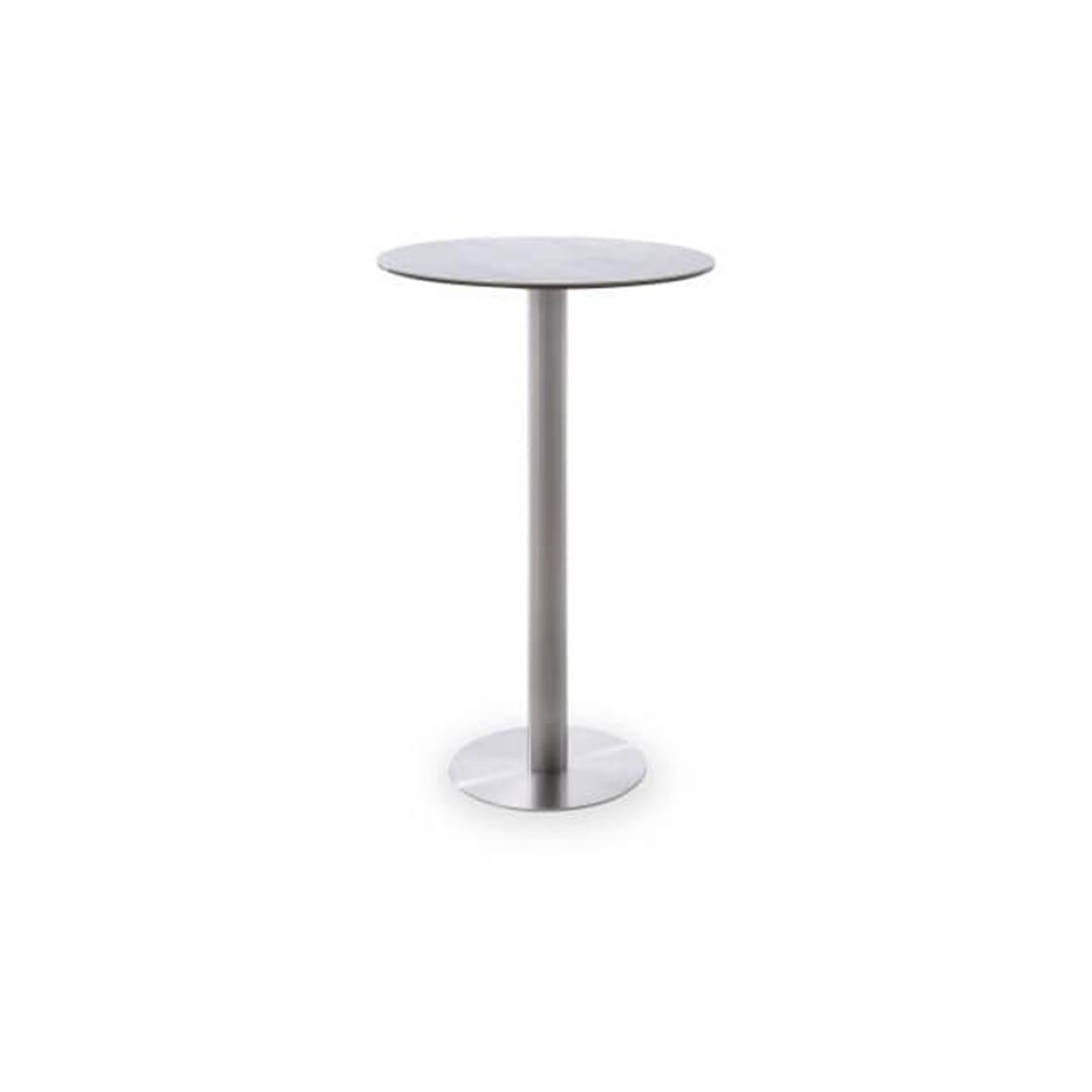 Pegane - Table bar ronde avec plateau céramique Gris avec piètement acier brossé - L65 x H105 x P65 cm - Tables à manger