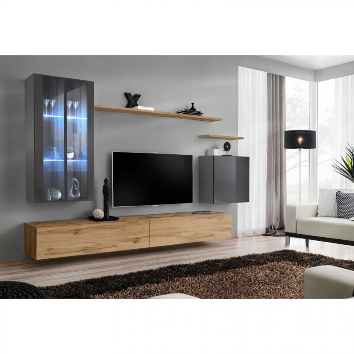 Ac-Deco - Meuble TV Mural Design Switch XII 270cm Gris & Naturel - Meubles TV, Hi-Fi