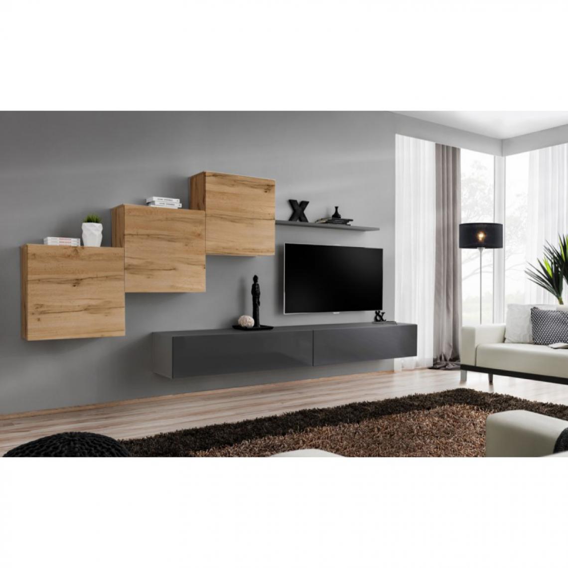 Ac-Deco - Meuble TV Mural Design Switch X 330cm Naturel & Gris - Meubles TV, Hi-Fi