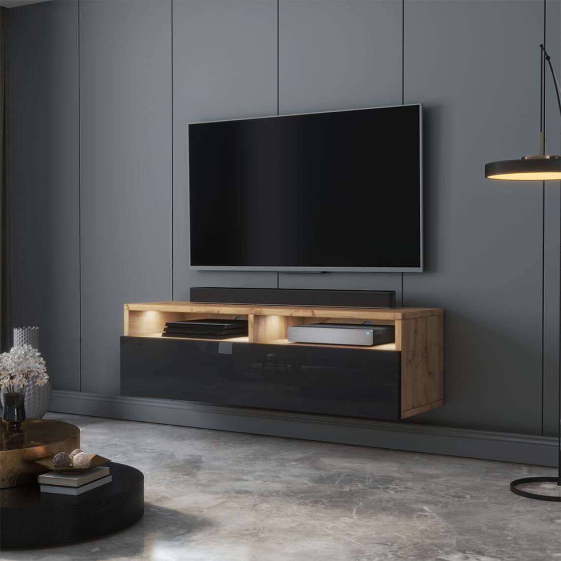 Selsey - Meuble TV - REDNAW - 100 cm - chêne wotan / noir brillant - avec LED - Meubles TV, Hi-Fi