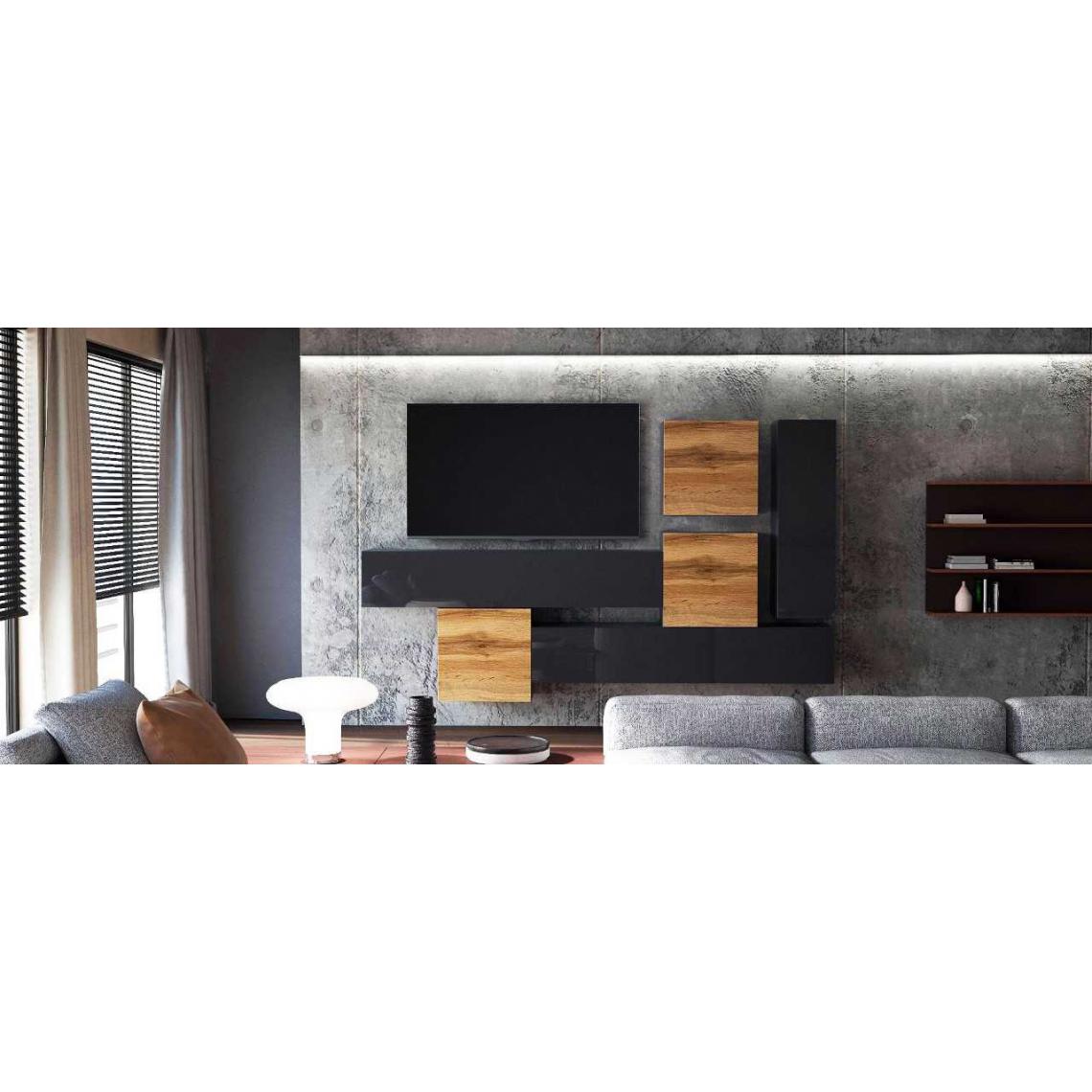 Mpc - Ensemble de 6 meubles suspendus noir mat / aspect chêne wotan + noir laqué - Meubles TV, Hi-Fi