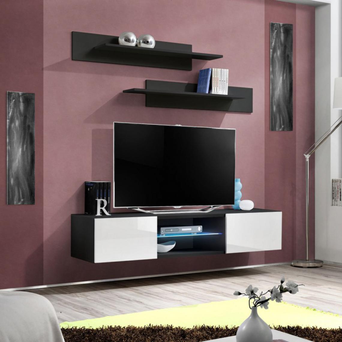 Ac-Deco - Meuble TV Mural Design Fly III 160cm Blanc & Noir - Meubles TV, Hi-Fi