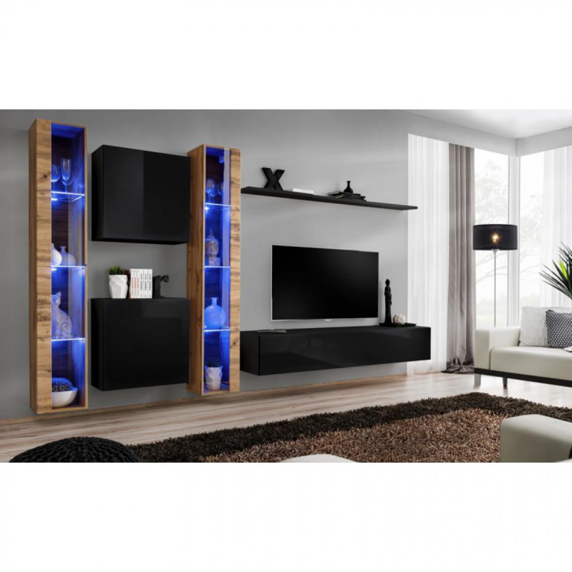 Ac-Deco - Meuble TV Mural Design Switch XVI 330cm Noir & Naturel - Meubles TV, Hi-Fi