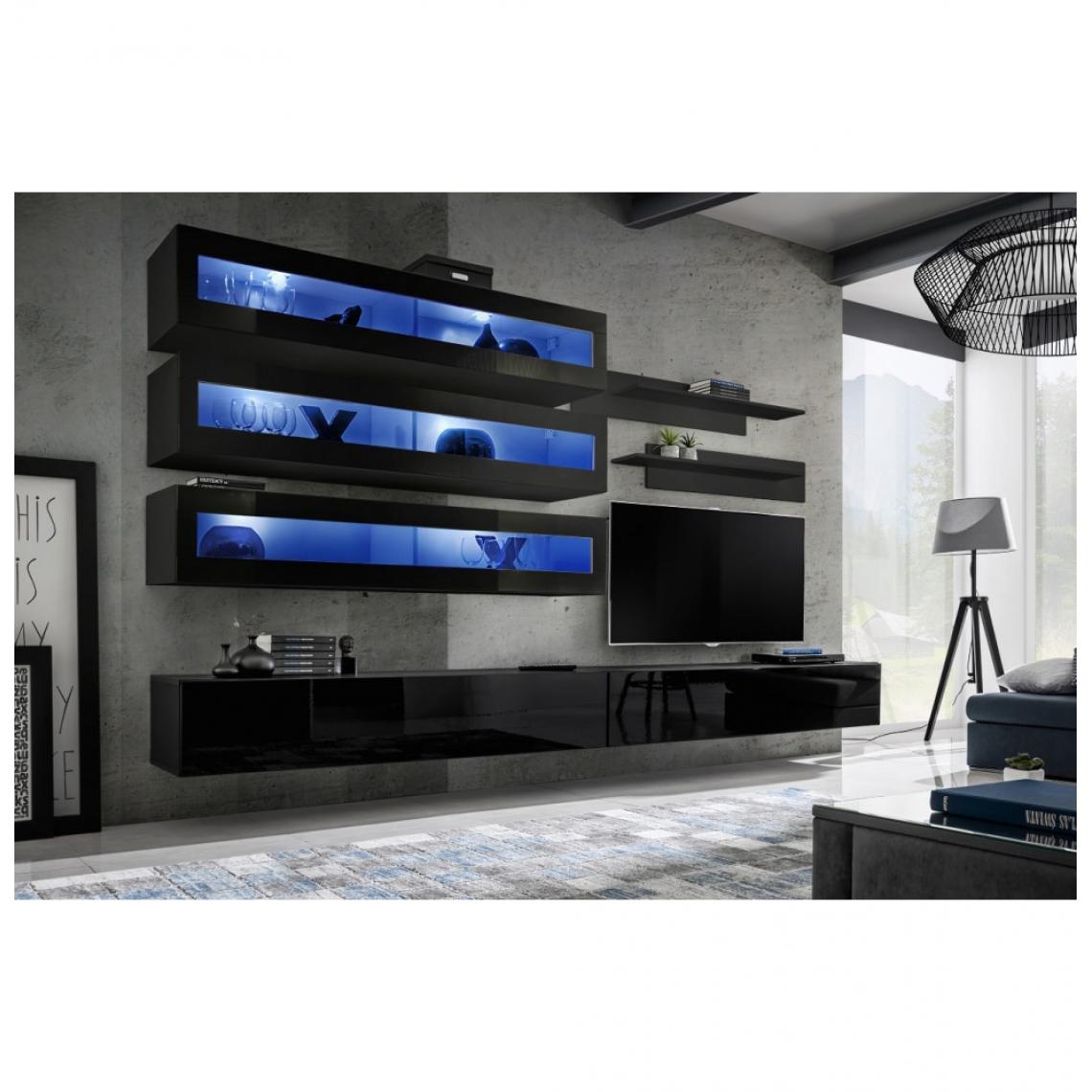Ac-Deco - Ensemble mural - FLY J - 3 rangements LED - 2 meubles TV - 2 étagères - Noir - Modèle 1 - Meubles TV, Hi-Fi