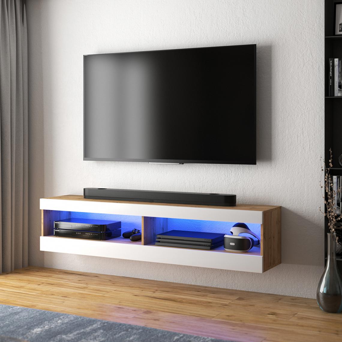 Selsey - Meuble tv - VIANSOLA - 100 cm - chêne lancaster / blanc brillant - éclairage LED - Meubles TV, Hi-Fi