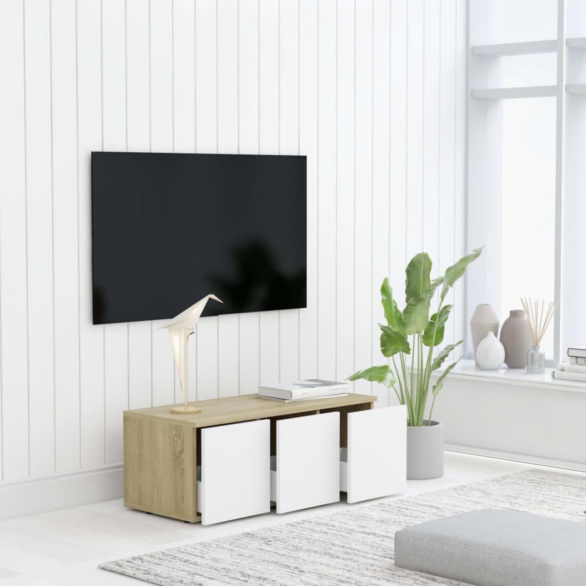 Icaverne - sublime Meubles gamme Gaborone Meuble TV Blanc et chêne sonoma 80x34x30 cm Aggloméré - Meubles TV, Hi-Fi