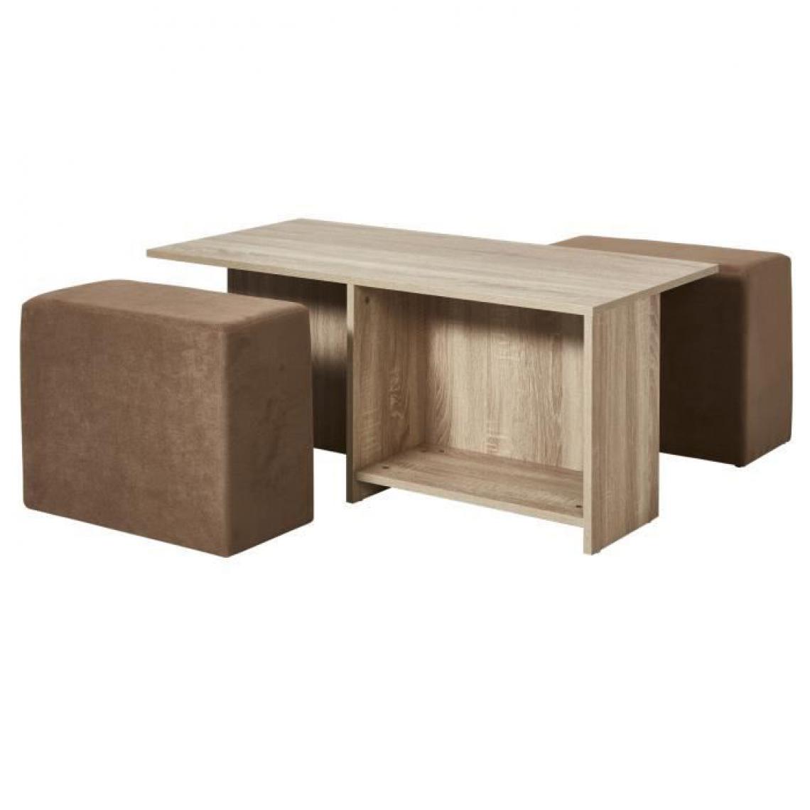 Cstore - Ensemble table basse - MDF - Décor naturel + 2 poufs tissu Taupe - L 100 x P 60 x H 41,8 cm - Tables basses