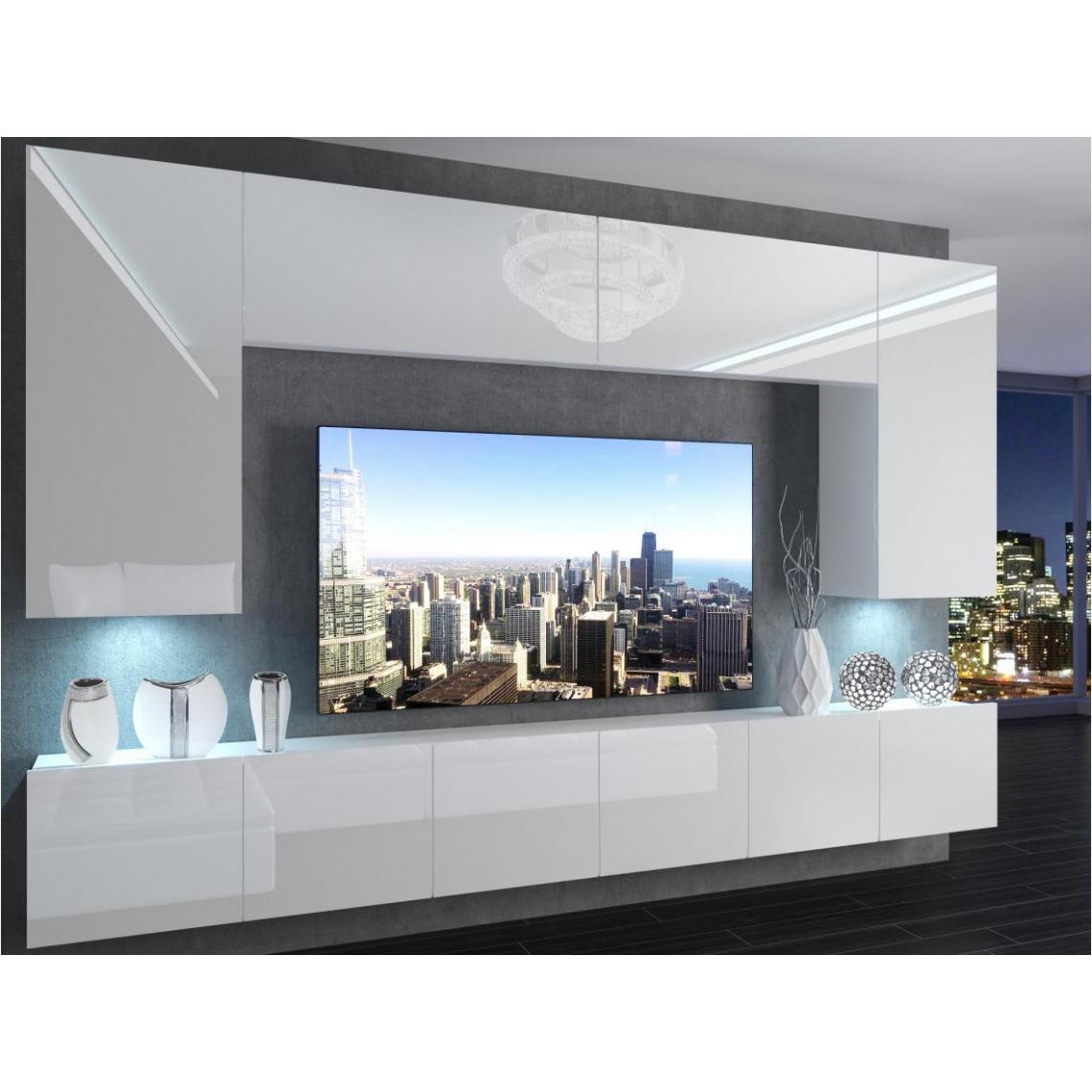 Hucoco - SILLEA - Ensemble meubles TV + LED - Unité murale style moderne - Largeur 300 cm - Mur TV à suspendre - Blanc - Meubles TV, Hi-Fi