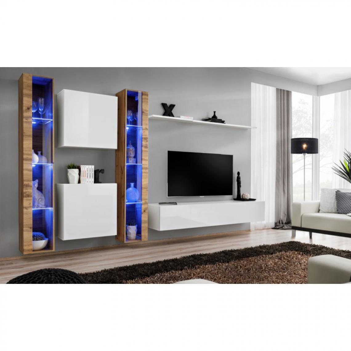 Ac-Deco - Meuble TV Mural Design Switch XVI 330cm Blanc & Naturel - Meubles TV, Hi-Fi