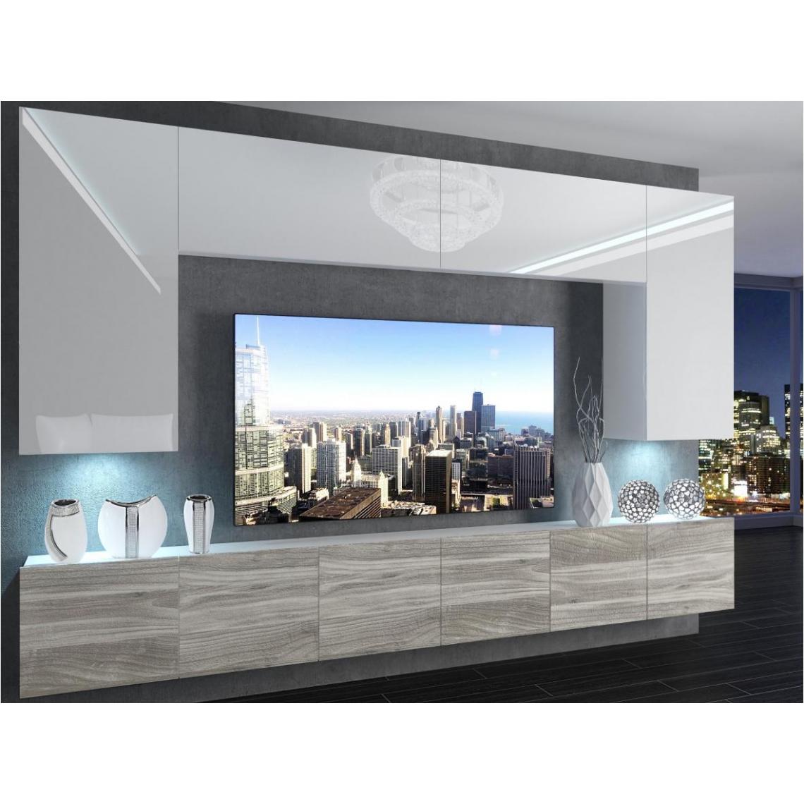 Hucoco - SILLEA - Ensemble meubles TV - Unité murale largeur 300 cm - Mur TV à suspendre finition gloss - Sans LED - Blanc - Meubles TV, Hi-Fi
