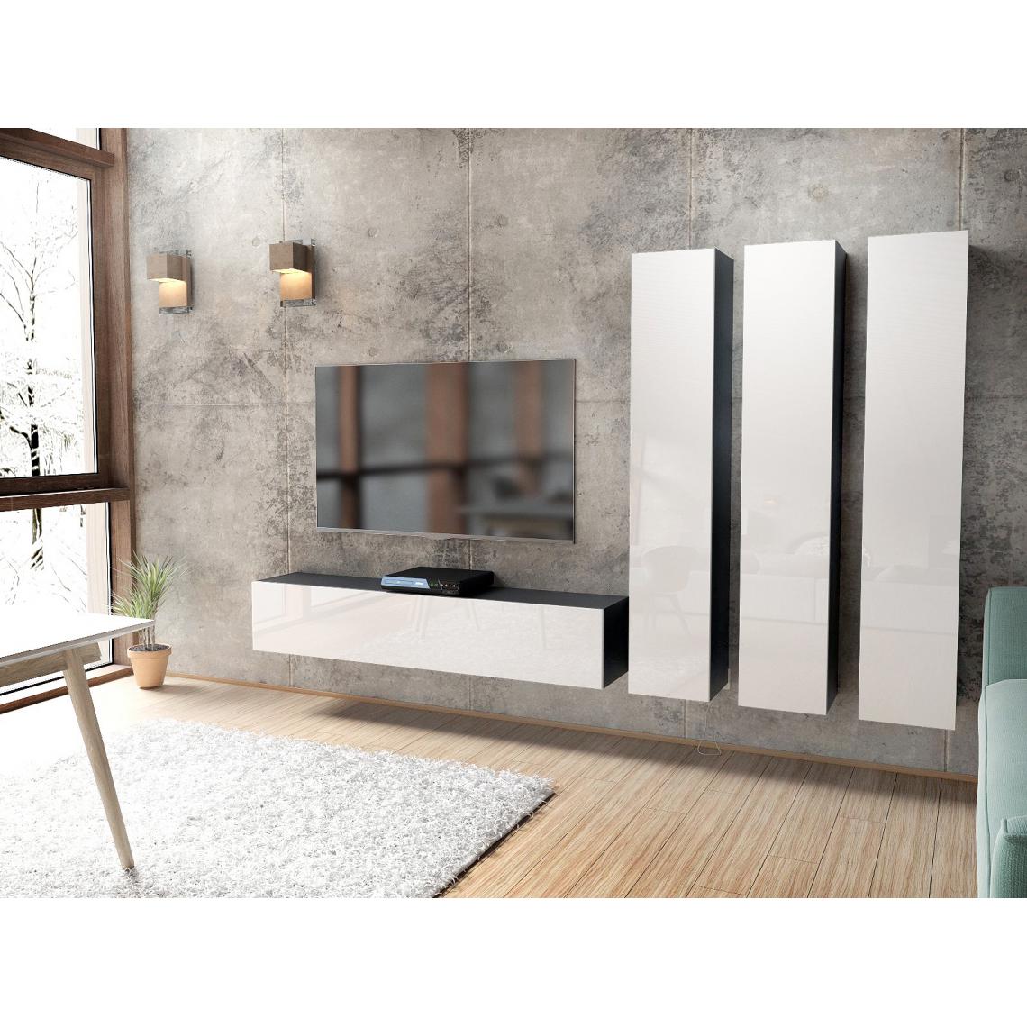 Mpc - Ensemble de 4 meubles noirs mat façades laqués blanches - Meubles TV, Hi-Fi