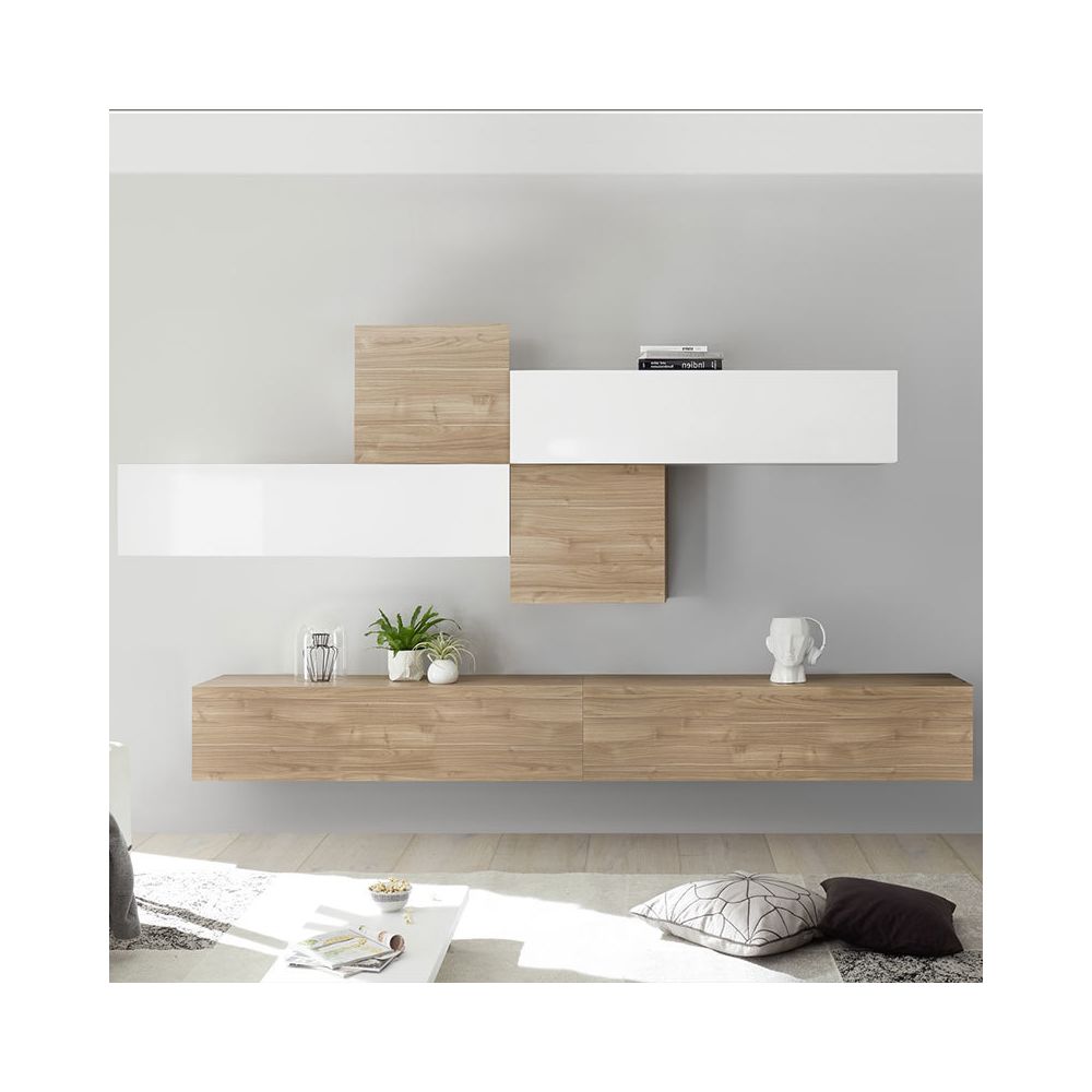 Nouvomeuble - Ensemble meuble TV blanc laqué et couleur chêne PAPIANO - Meubles TV, Hi-Fi