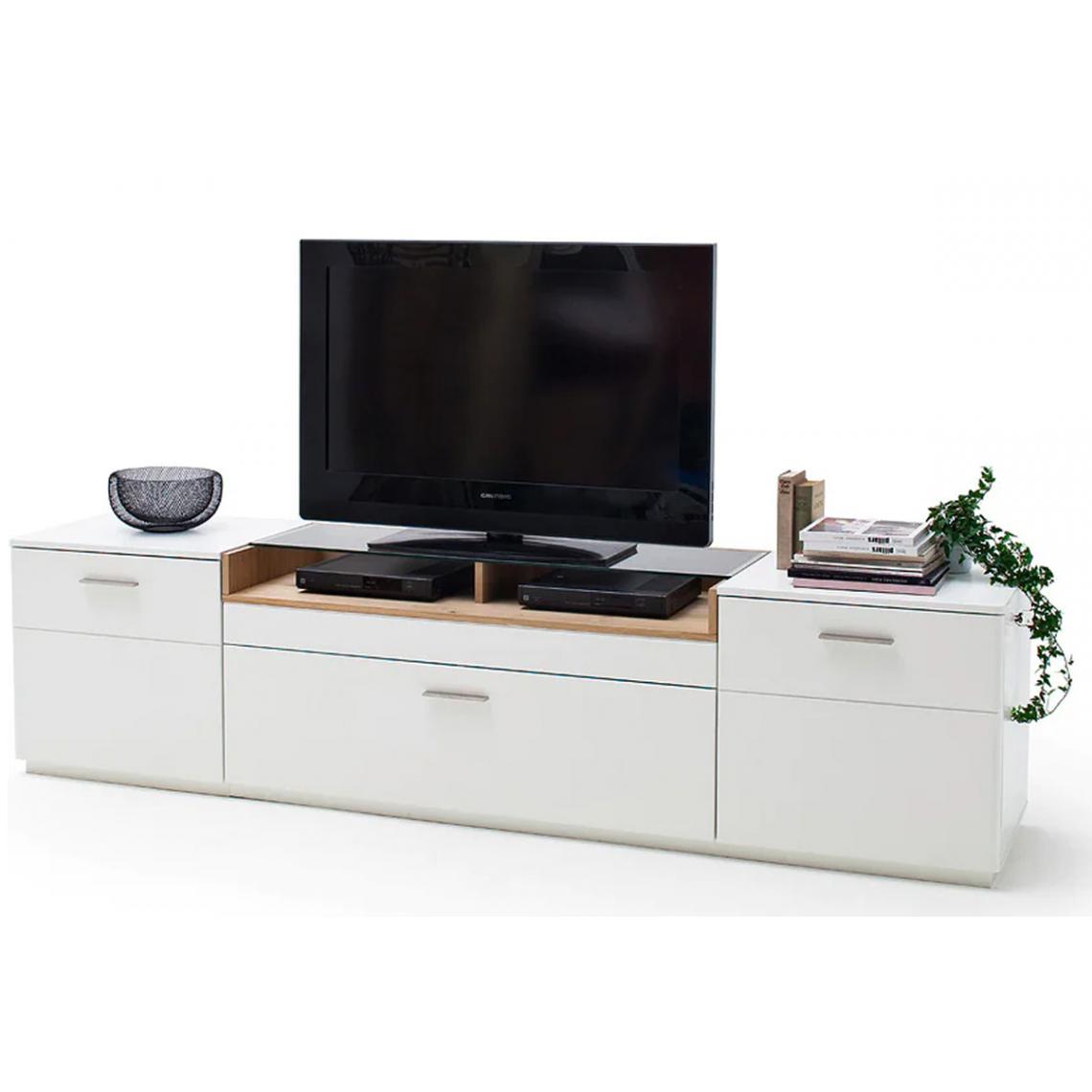 Pegane - Meuble TV finition laquée blanc mat et chêne - Longueur 240 x Hauteur 60 x Profondeur 50 cm - Meubles TV, Hi-Fi