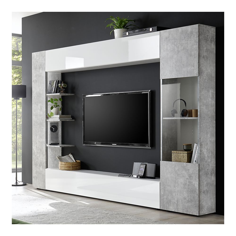 Kasalinea - Meuble tv mural blanc et béton SOPRANO 2 - Meubles TV, Hi-Fi