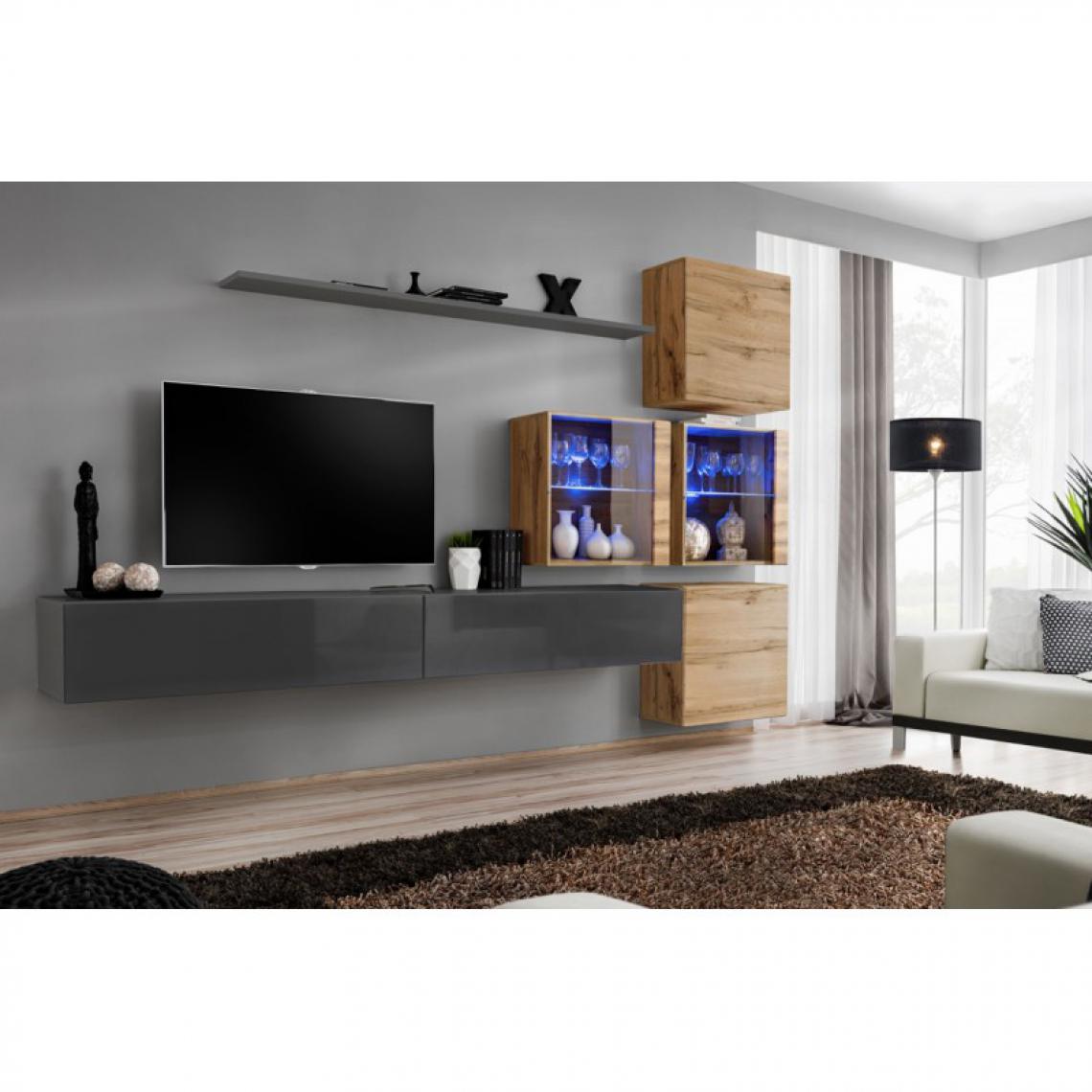 Ac-Deco - Meuble TV Mural Design Switch XIX 310cm Gris & Naturel - Meubles TV, Hi-Fi