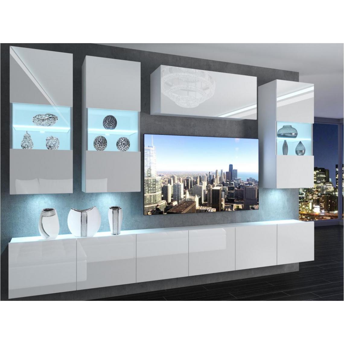 Hucoco - RAMONE - Ensemble meubles TV - Unité murale largeur 300 cm - Mur TV à suspendre finition gloss - Sans LED - Blanc - Meubles TV, Hi-Fi