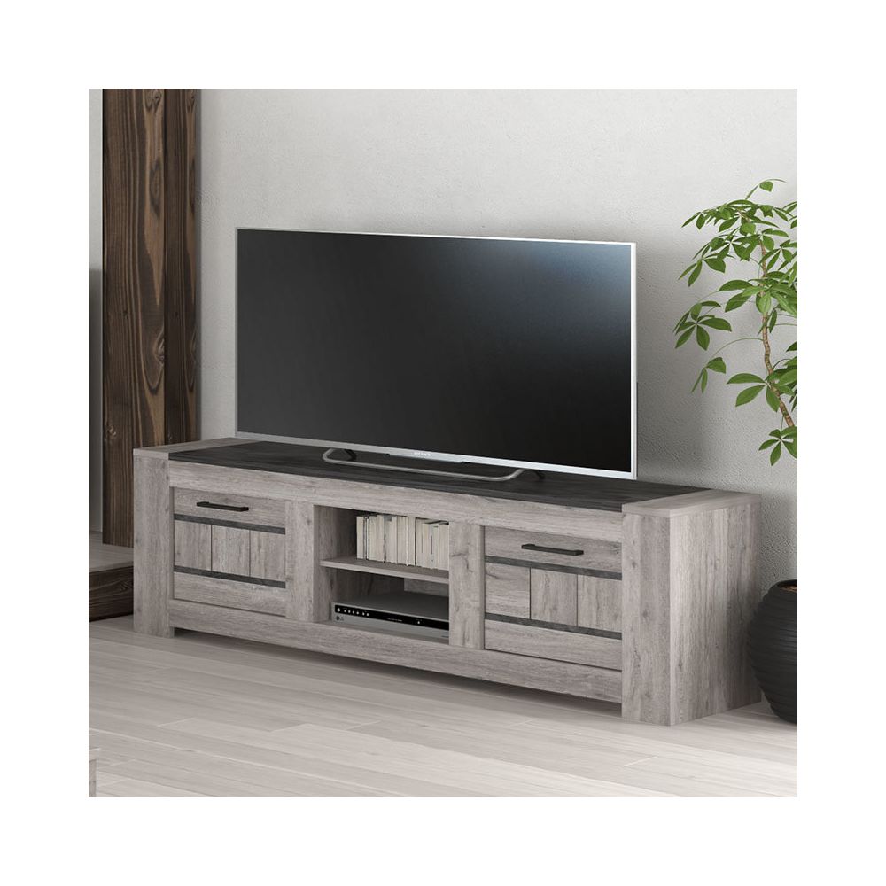 Kasalinea - Banc TV 155 cm moderne couleur chêne gris ANGUS - Meubles TV, Hi-Fi
