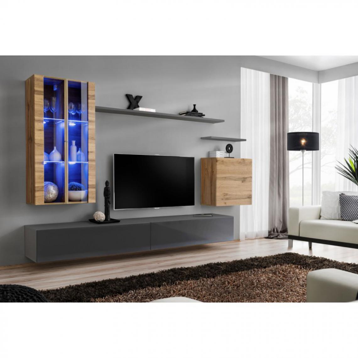 Ac-Deco - Meuble TV Mural Design Switch XII 270cm Naturel & Gris - Meubles TV, Hi-Fi