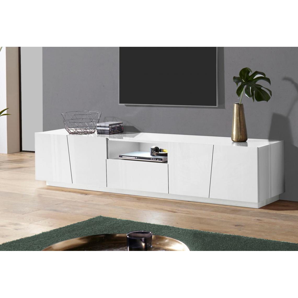 Alter - Meuble TV de salon, Made in Italy, Meuble TV avec 4 portes et 1 tiroir, 220x43h46 cm, couleur blanc brillant, avec lumière LED blanche - Meubles TV, Hi-Fi