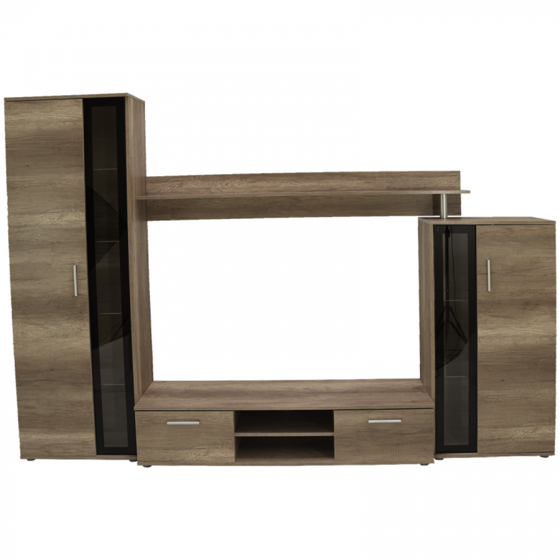 Hucoco - EMINO - Ensemble meubles TV 4 éléments - Mur TV avec rangements - Rangement TV - Armoires vitrées - Aspect bois - Gris/Chêne - Meubles TV, Hi-Fi