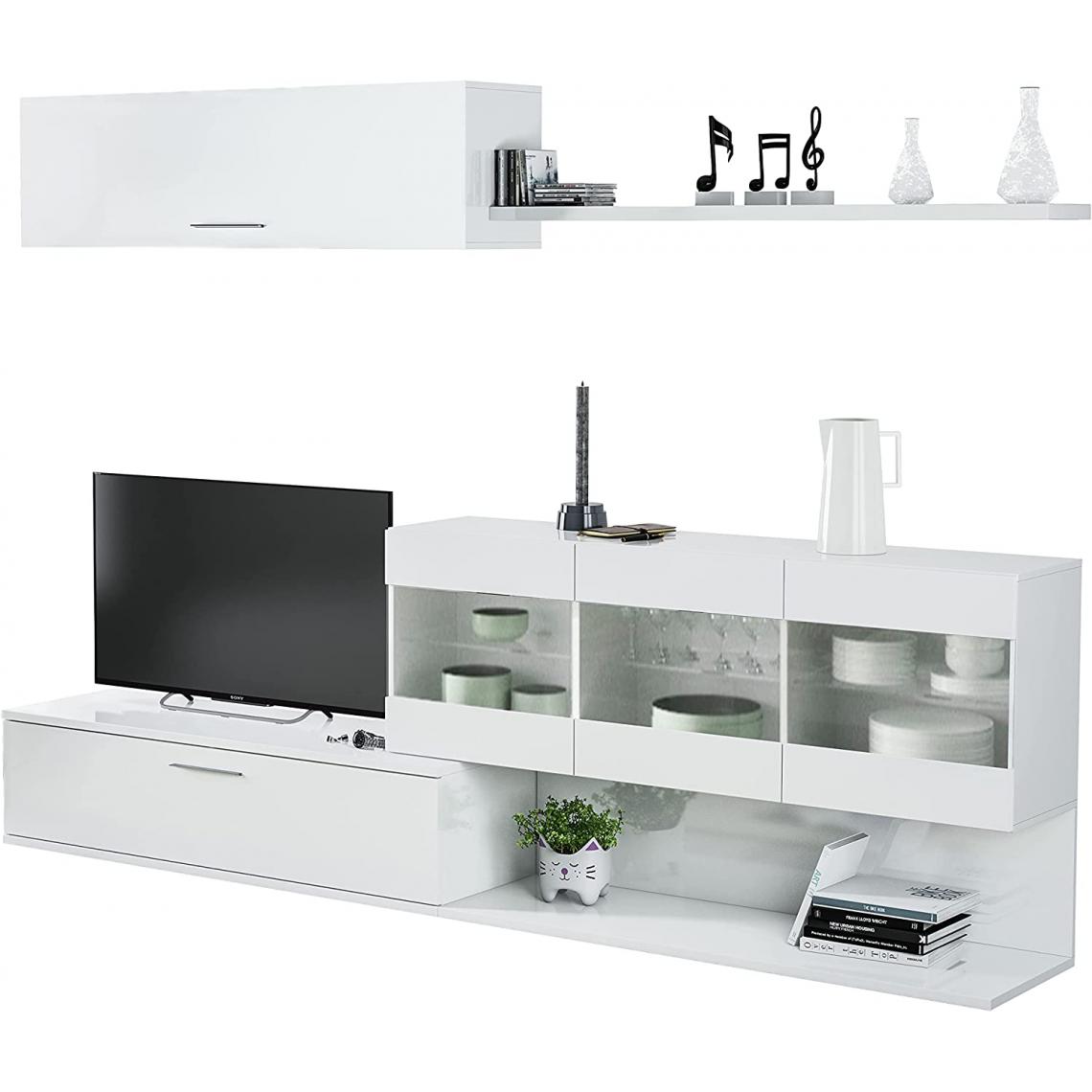 Pegane - Meuble TV avec 3 portes en verre et 1 niche de rangement coloris blanc brillant -  Hauteur 84 x Longueur 260 x Profondeur 41 cm - Meubles TV, Hi-Fi