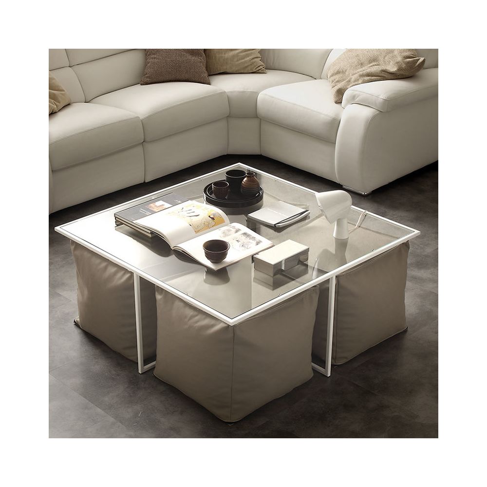 Nouvomeuble - Table basse en verre avec poufs design MATHEO - Tables basses