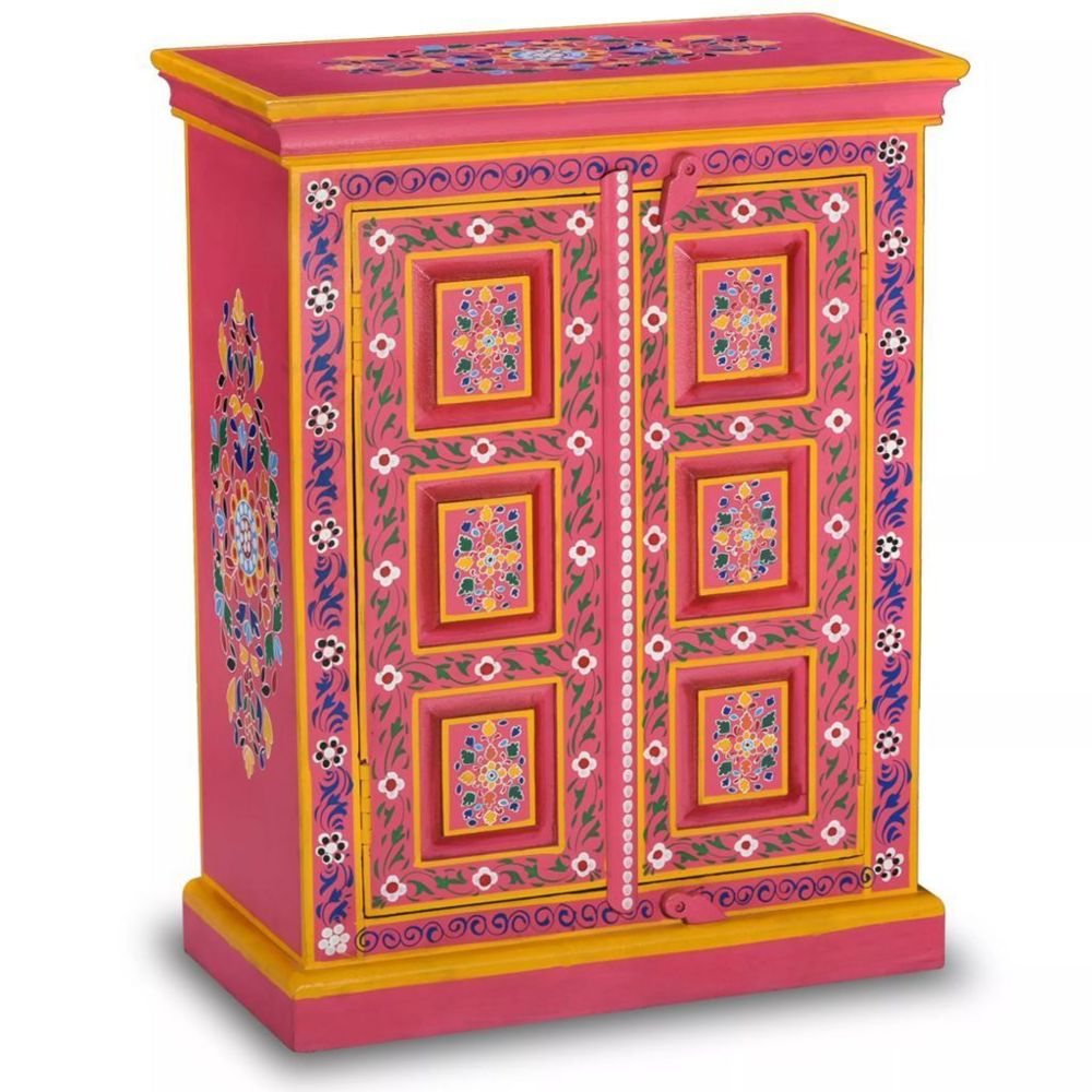 Helloshop26 - Buffet bahut armoire console meuble de rangement bois massif de manguier peinture rose à la main 4402024 - Consoles