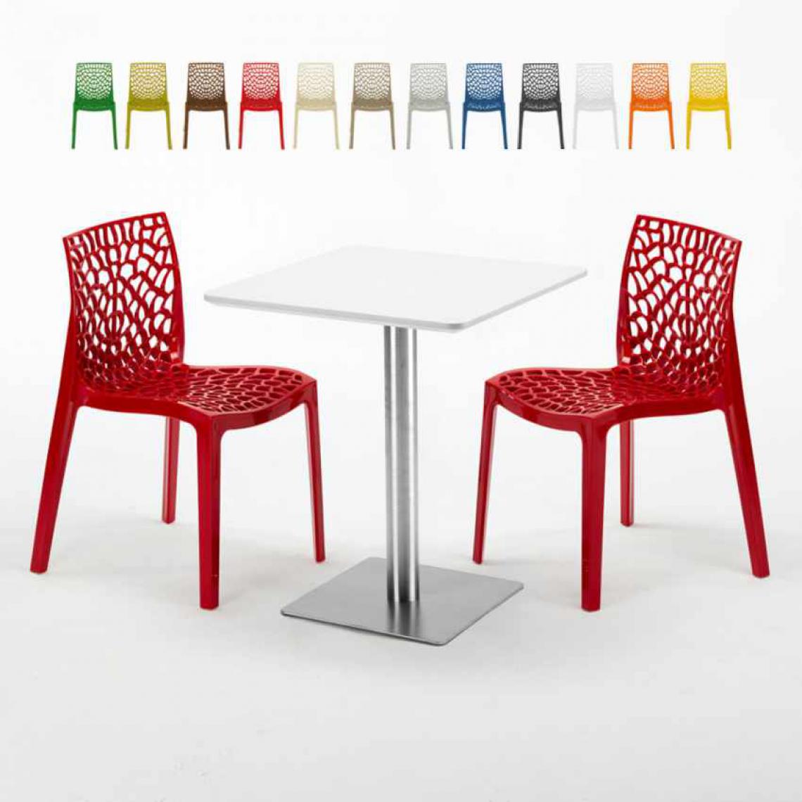 Grand Soleil - Table carrée 60x60 plateau blanc avec 2 chaises colorées Gruvyer Hazelnut, Couleur: Rouge - Tables à manger