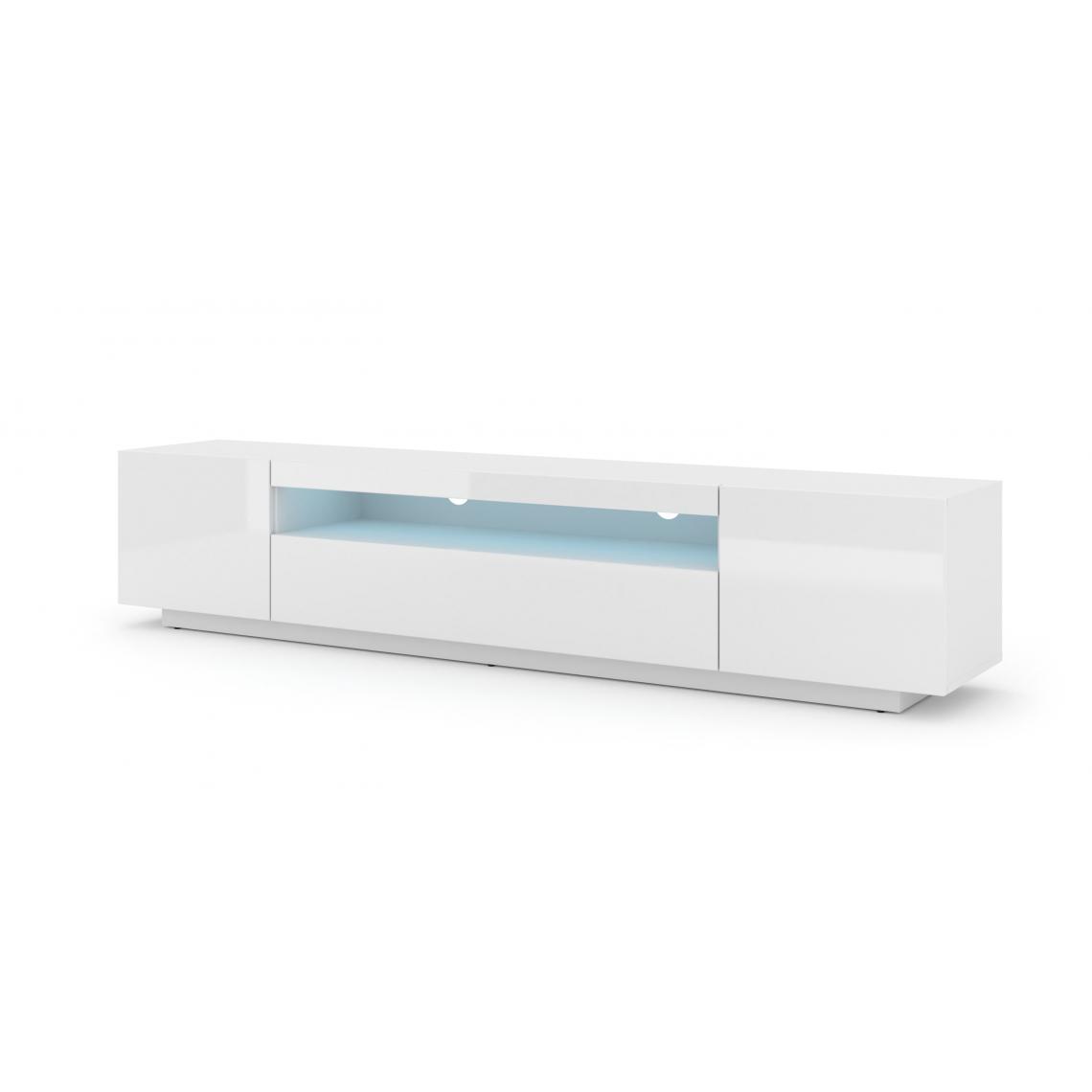 Bim Furniture - Meuble TV bas universel AURA 200 cm à suspendre ou à poser Blanc mat / Blanc brillant avec LED - Meubles TV, Hi-Fi