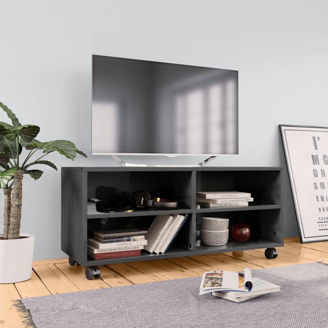 Vidaxl - vidaXL Meuble TV avec roulettes Gris brillant 90x35x35 cm Aggloméré - Meubles TV, Hi-Fi
