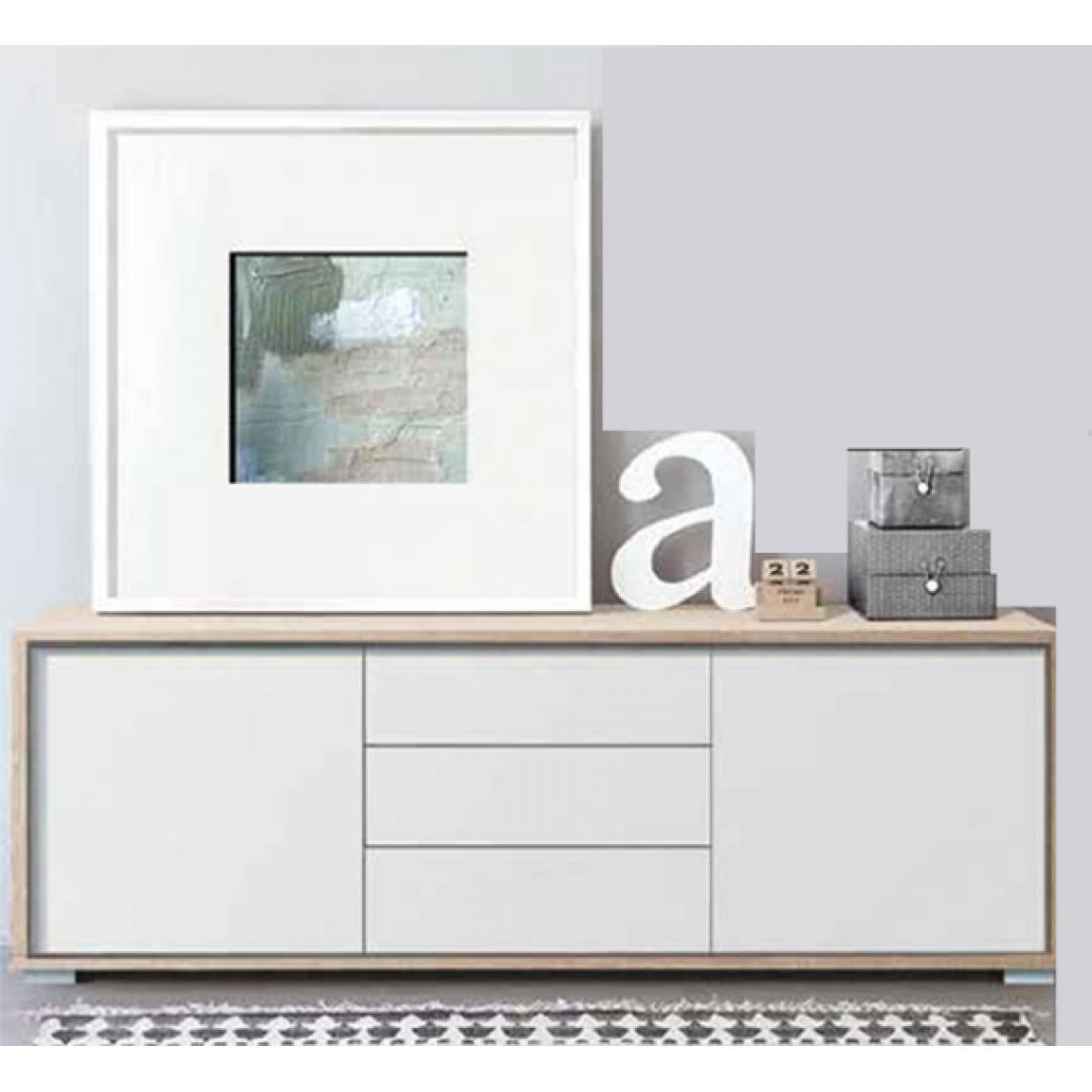 Pegane - Buffet de 2 portes + 3 tiroirs coloris Chêne Cambrian / Blanc - Longueur 183 x profondeur 35 x hauteur 63 cm - Buffets, chiffonniers