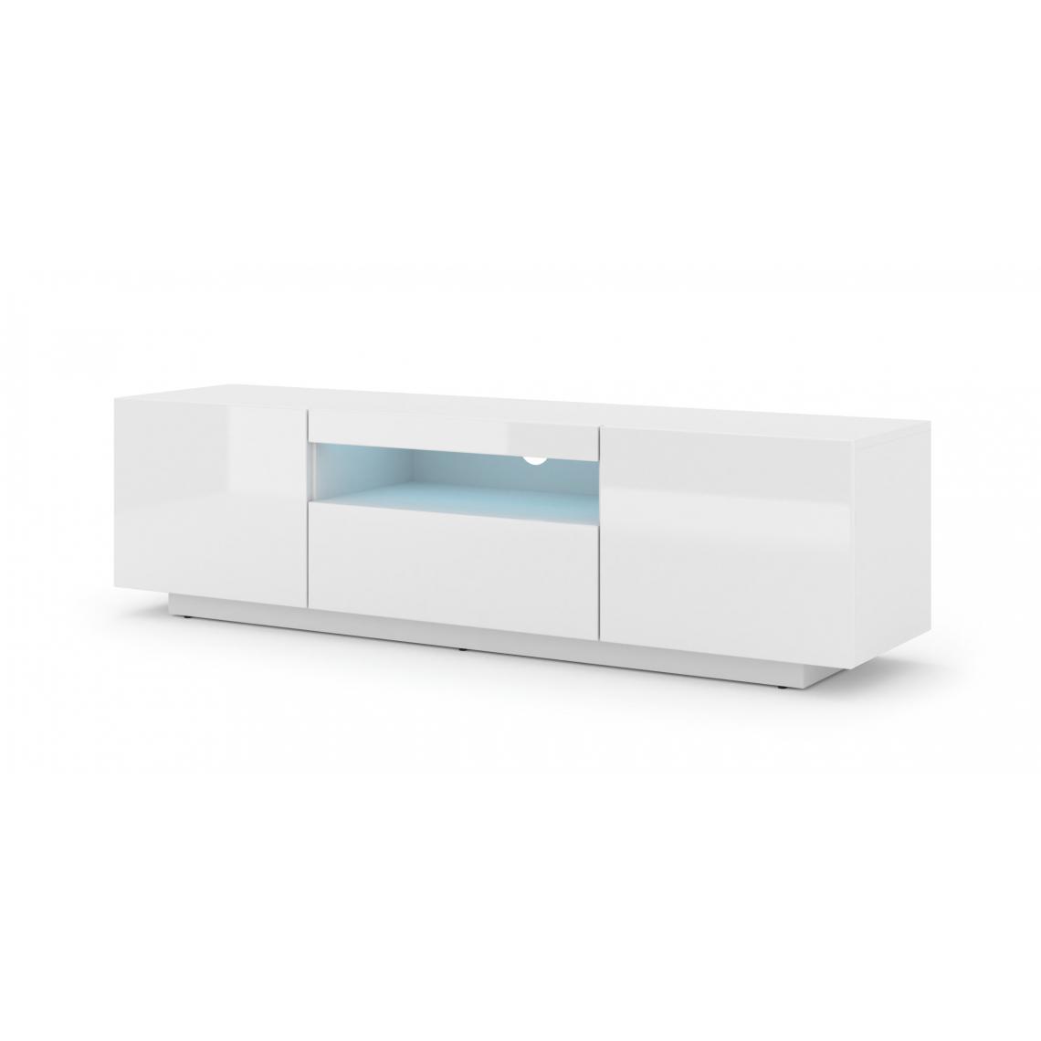 Bim Furniture - Meuble TV bas universel AURA 150 cm à suspendre ou à poser Blanc brillant avec LED - Meubles TV, Hi-Fi