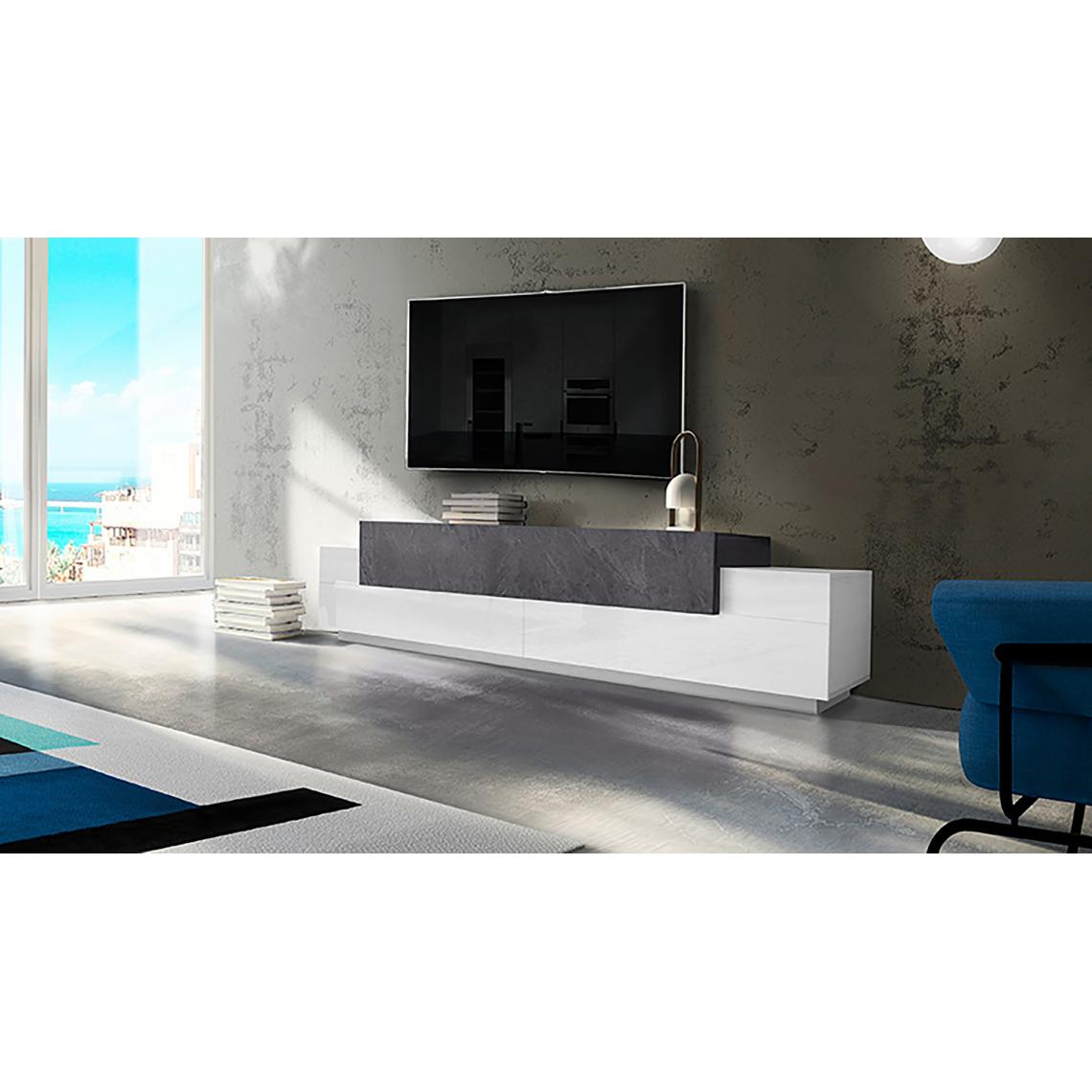 Alter - Meuble TV de salon, Made in Italy, Meuble TV avec 3 portes et étagères, 240x45h52 cm, couleur Blanc Brillant et Gris Frêne - Meubles TV, Hi-Fi