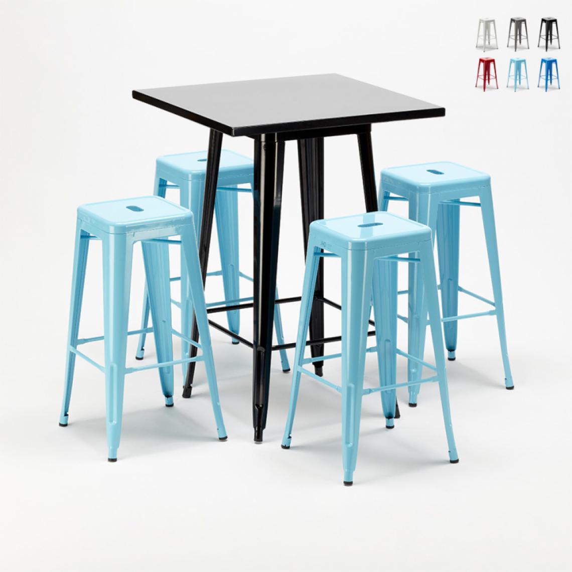 Ahd Amazing Home Design - Table haute et 4 tabourets en métal style Tolix industriel New York bars et pubs, Couleur: Turquoise - Tables à manger
