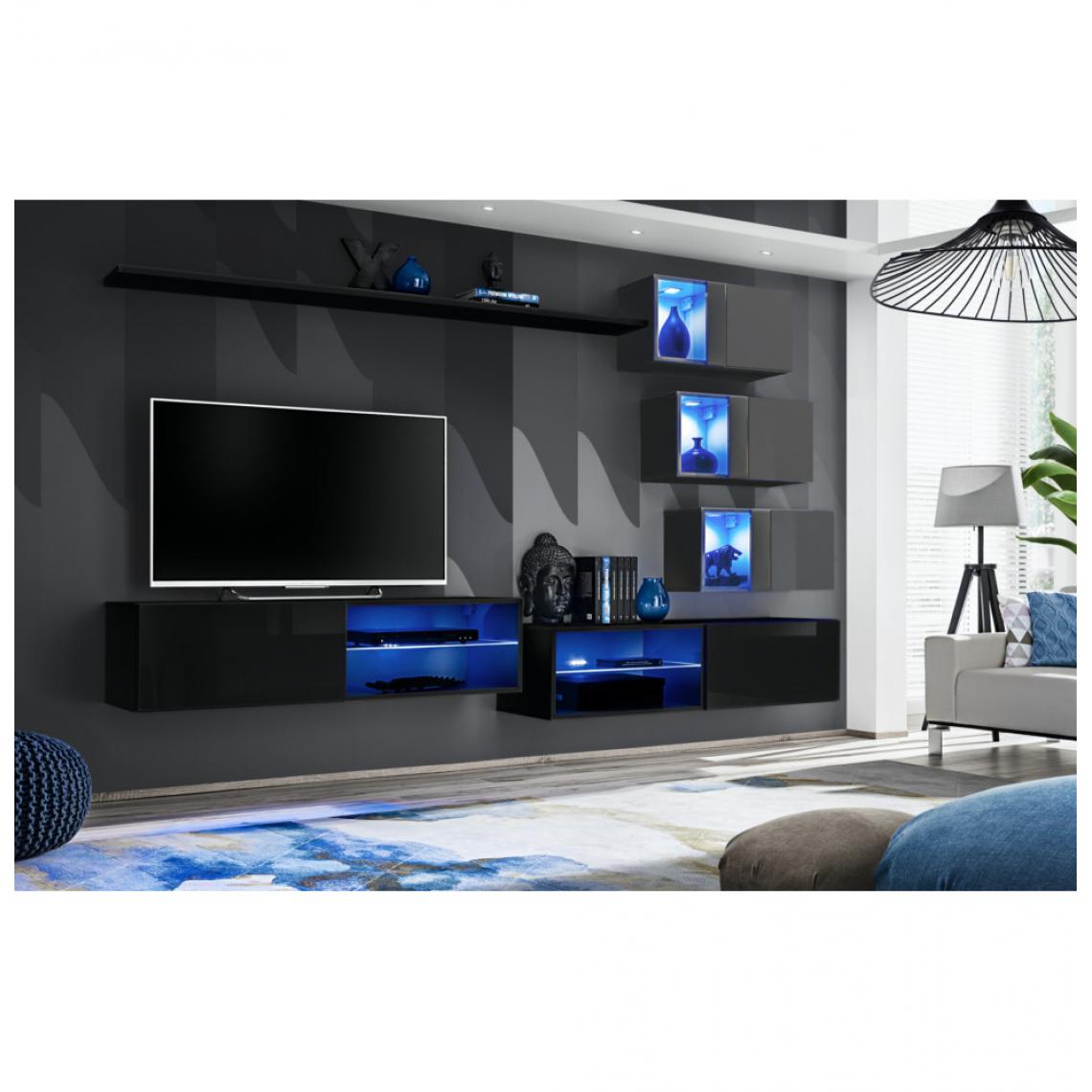 Ac-Deco - Ensemble meuble TV mural Switch XXIV - L 260 x P 40 x H 170 cm - Noir et gris - Meubles TV, Hi-Fi
