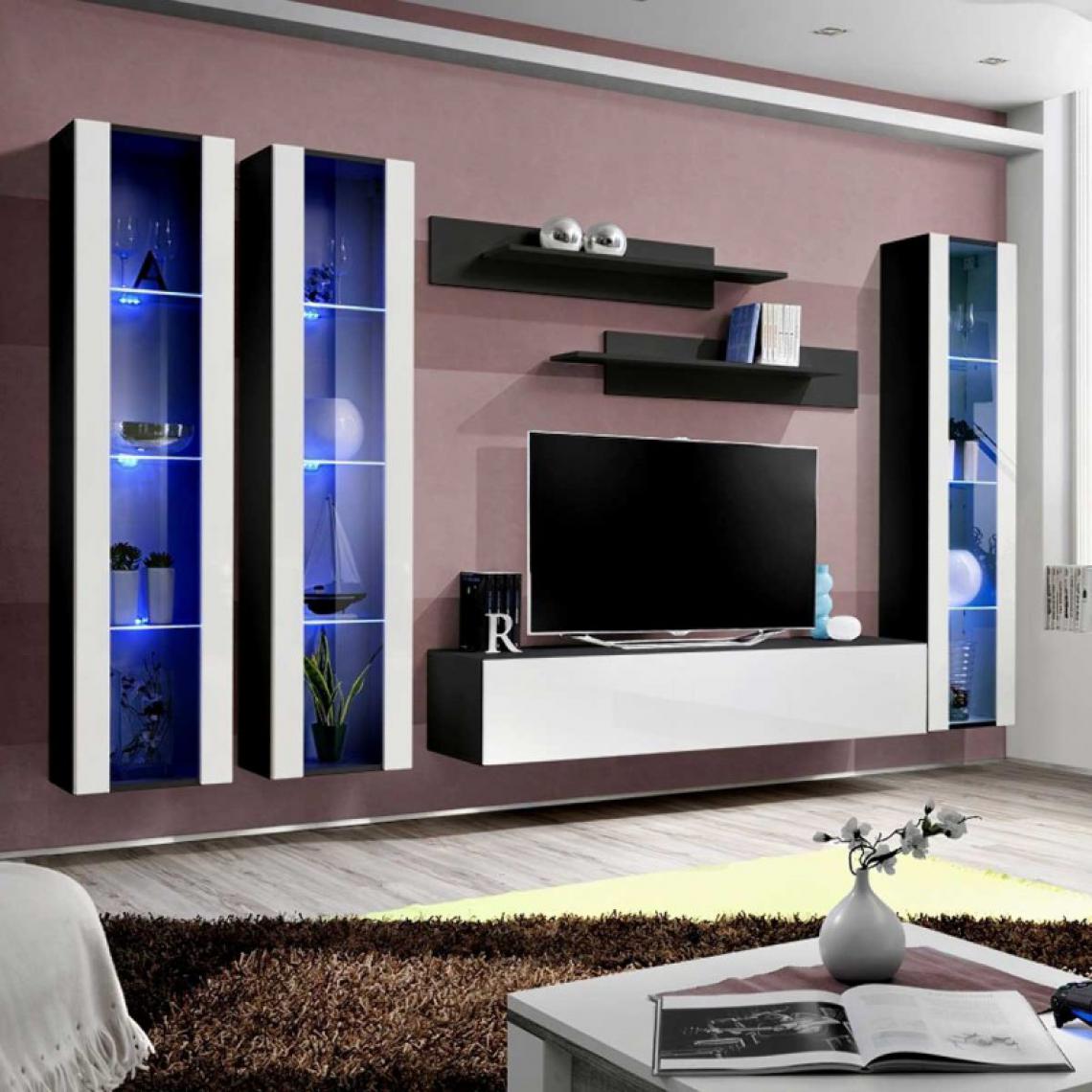 Ac-Deco - Meuble TV Mural Design Fly II 310cm Blanc & Noir - Meubles TV, Hi-Fi
