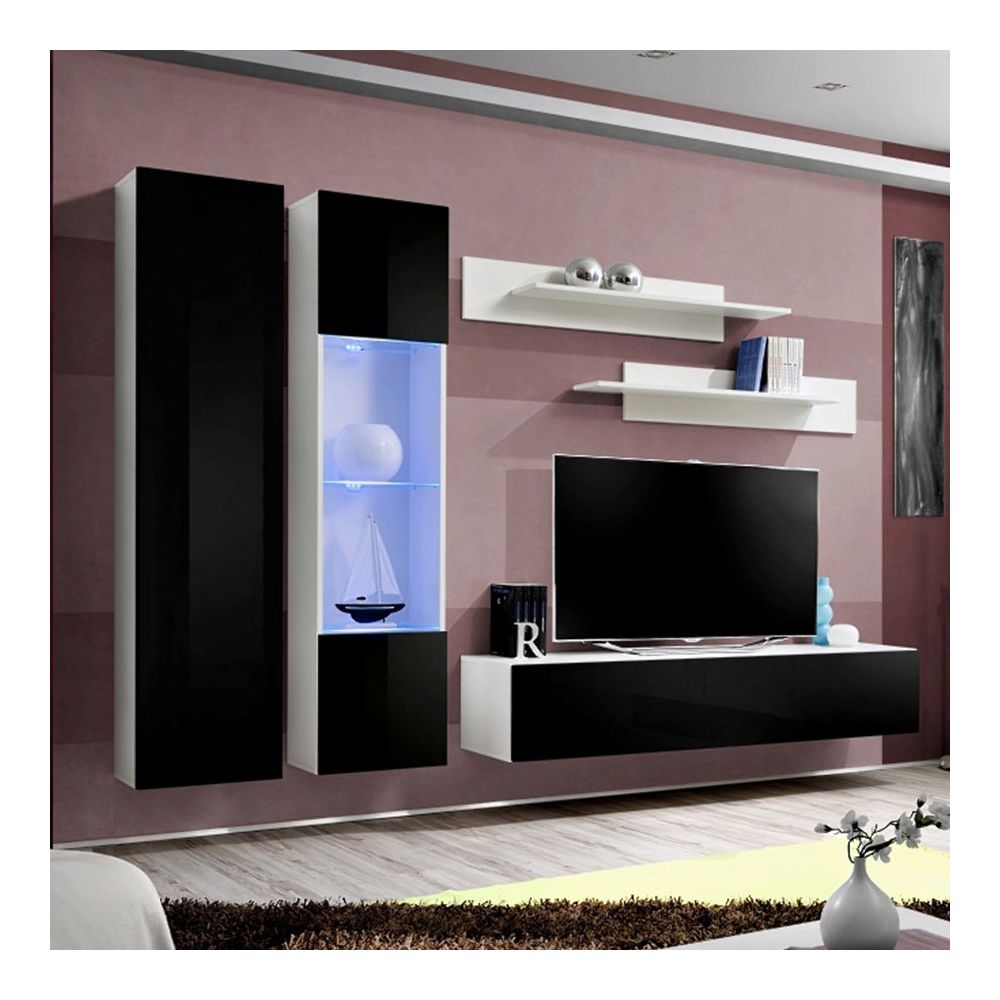 Nouvomeuble - Mur TV design noir et blanc TEODORO - Meubles TV, Hi-Fi